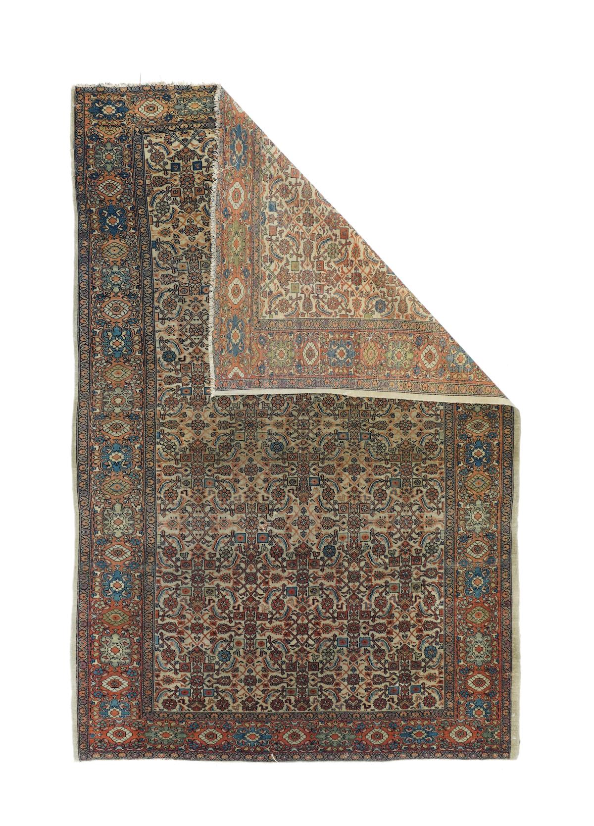 Antique Farahan Sarouk Rug 4'7'' x 6'10''. This antique west Persian village scatter features an straw-ecru field totally covered with a medium-scale Herati design. The coral border shows lobed octofoils and oval petal rosettes, with fine supporting