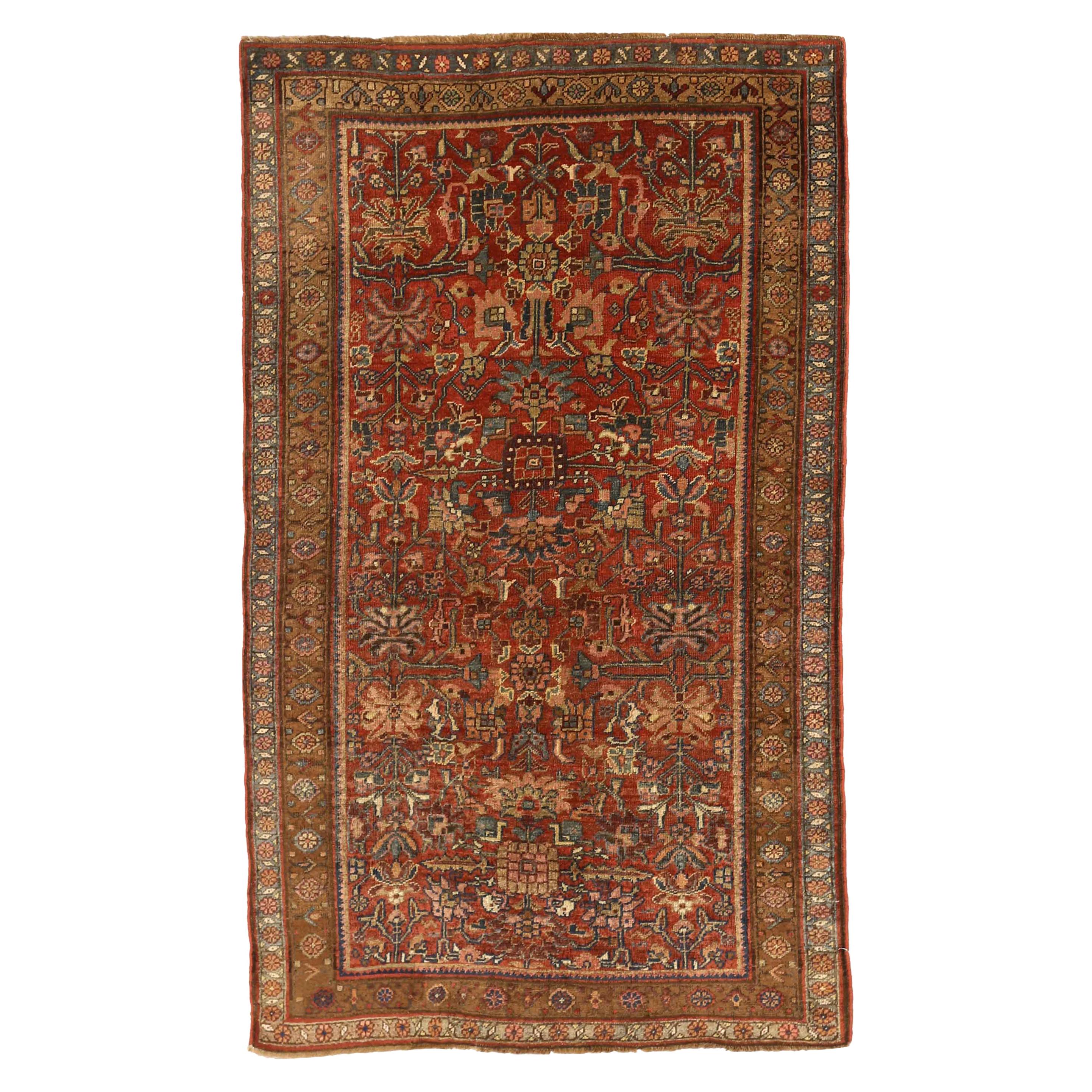 Antique Persian Rug Bijar Weave with Green and Pink Floral Details All-Over