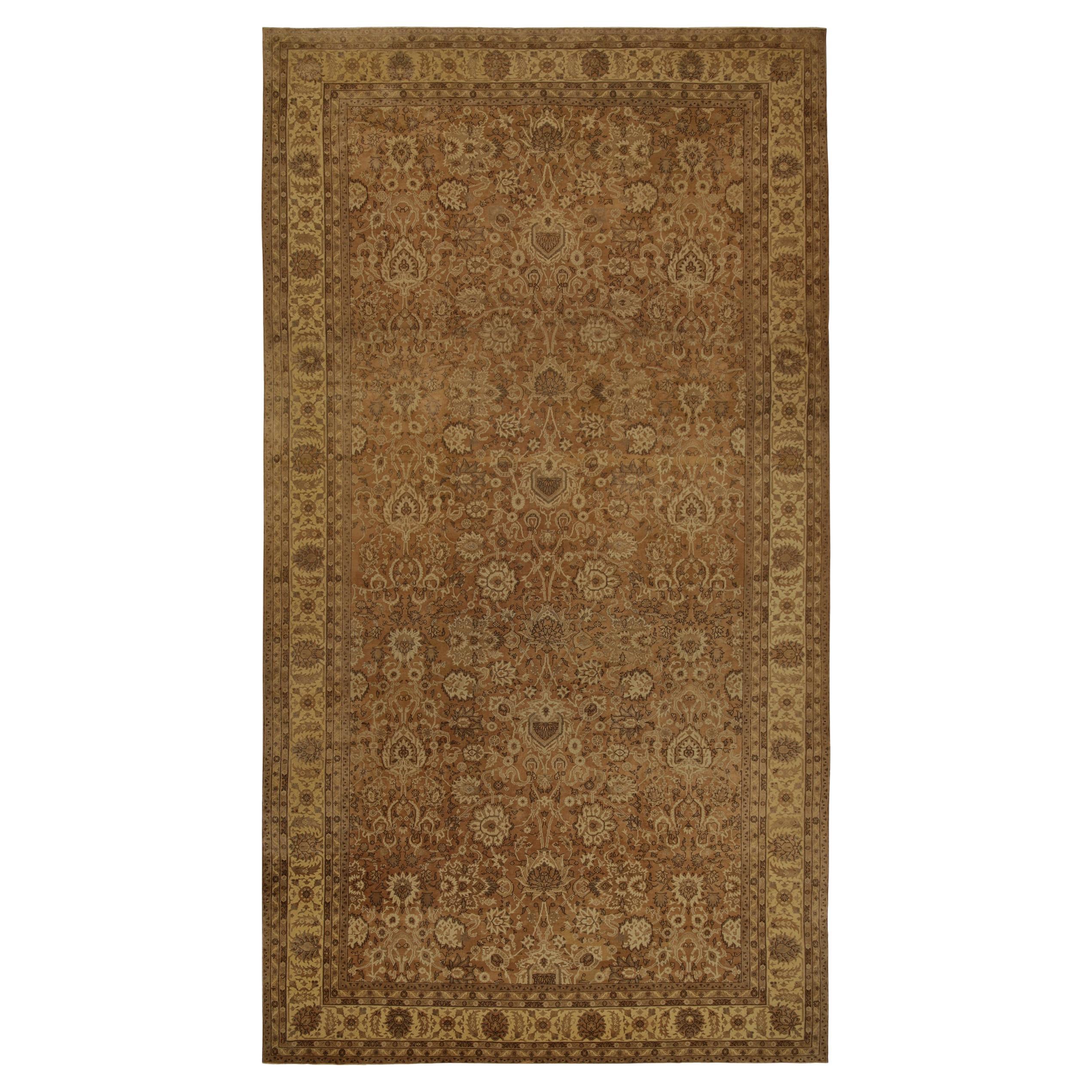 Antique Persian Rug in Beige-Brown and Gold Floral Patterns by Rug & Kilim