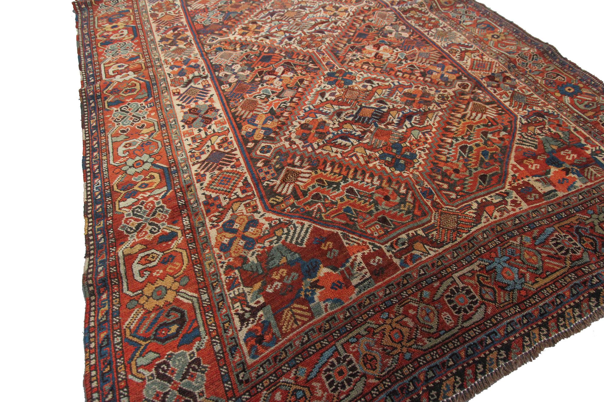 Hand-Woven Antique Persian Rug Khamseh Caucasian Kazak Rug Runner Geometric Tribal  For Sale