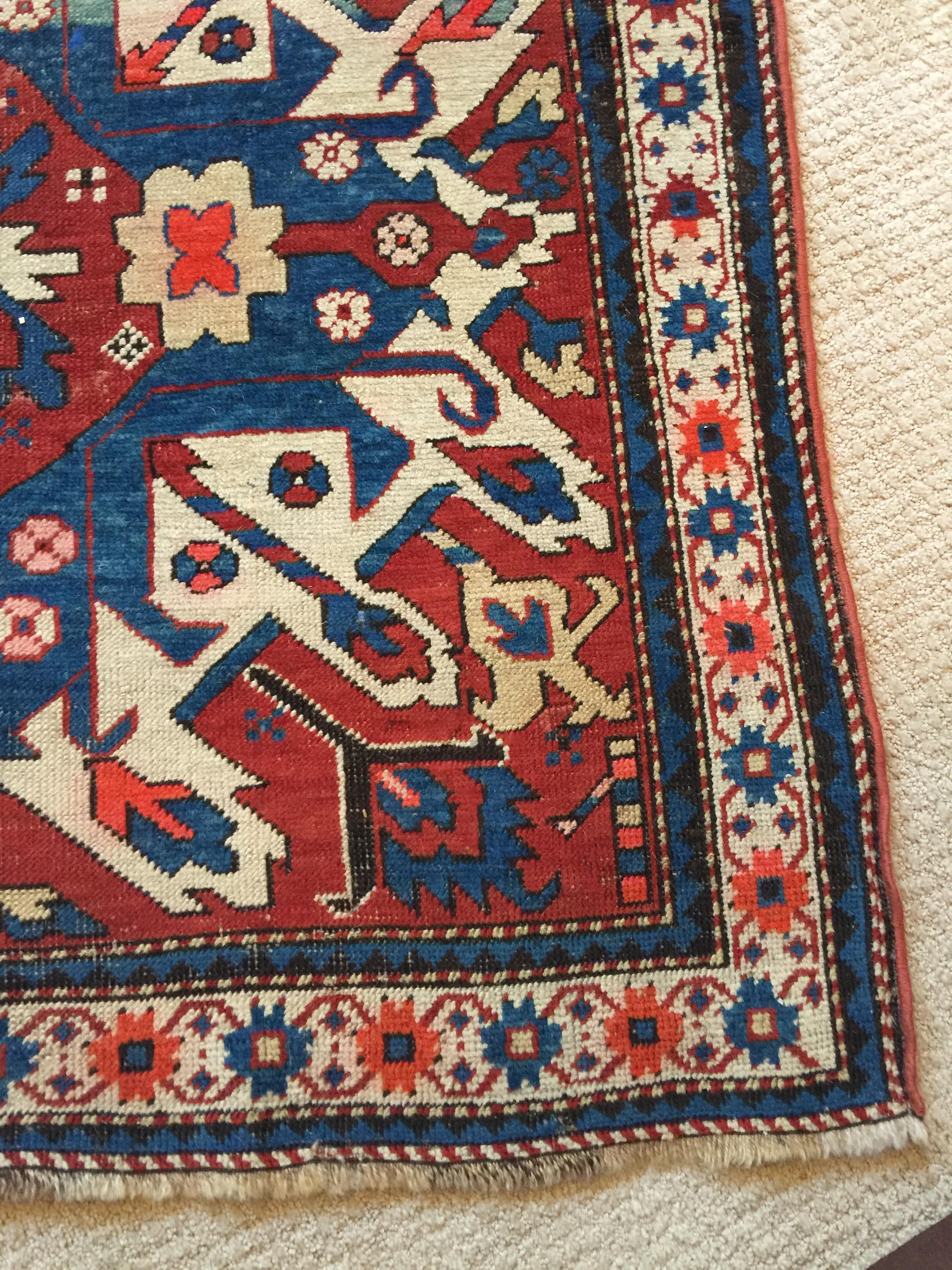 Antique Persian Rug: Late 19th Century Eagle Kazak Chelaberd Wool Rug Carpet In Good Condition For Sale In Jersey City, NJ
