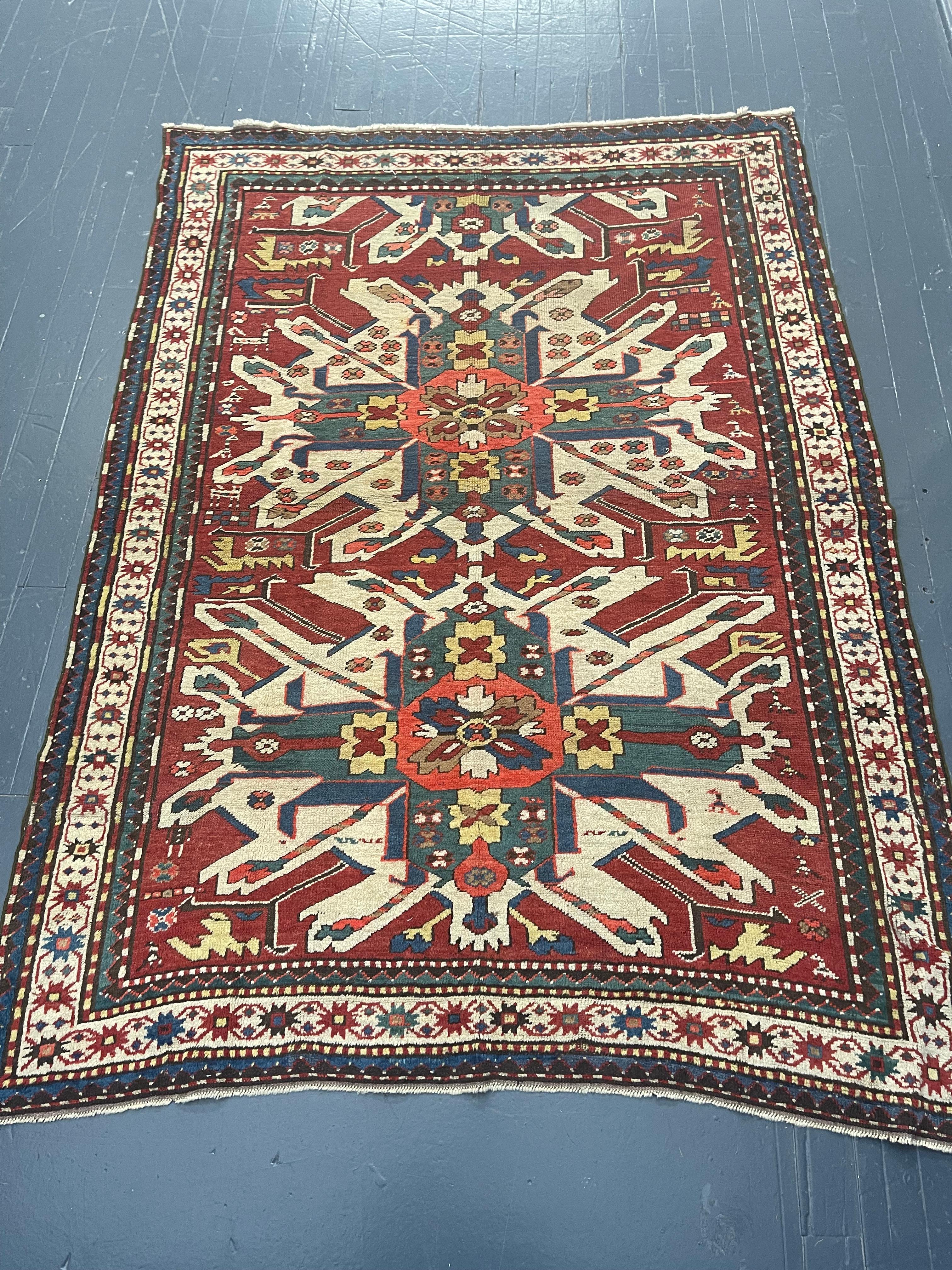 Antique Persian Rug Late 19th Century Eagle Kazak Chelaberd Wool Rug  For Sale 12