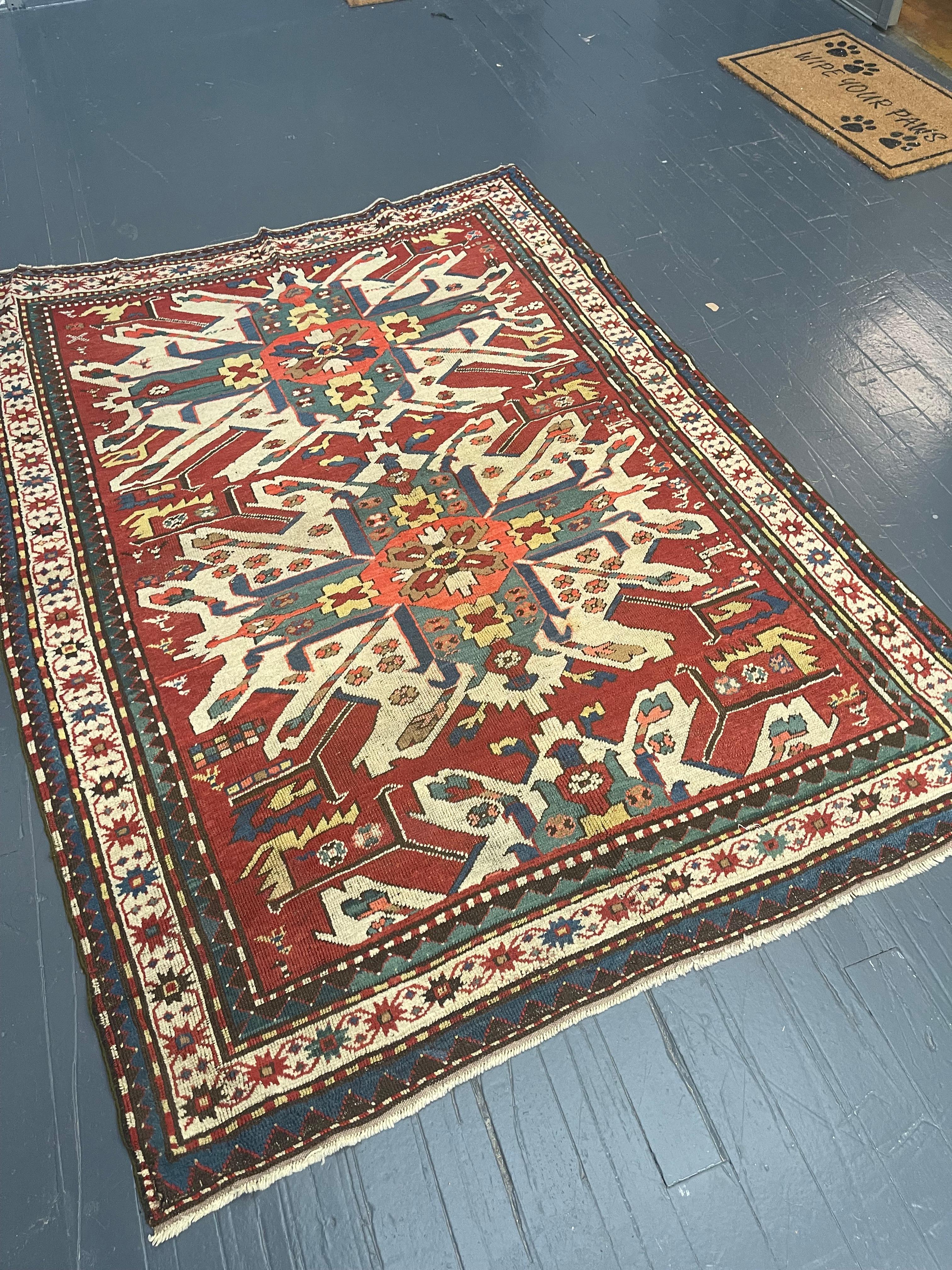 Antique Persian Rug Late 19th Century Eagle Kazak Chelaberd Wool Rug  In Good Condition For Sale In Jersey City, NJ