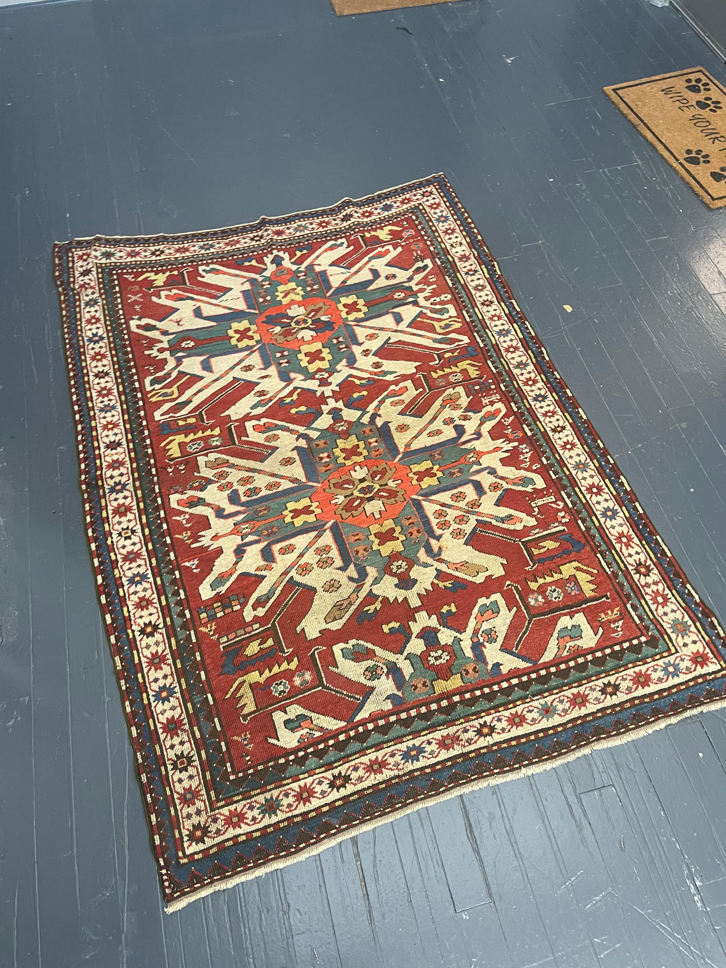 Antique Persian Rug Late 19th Century Eagle Kazak Chelaberd Wool Rug  For Sale 1