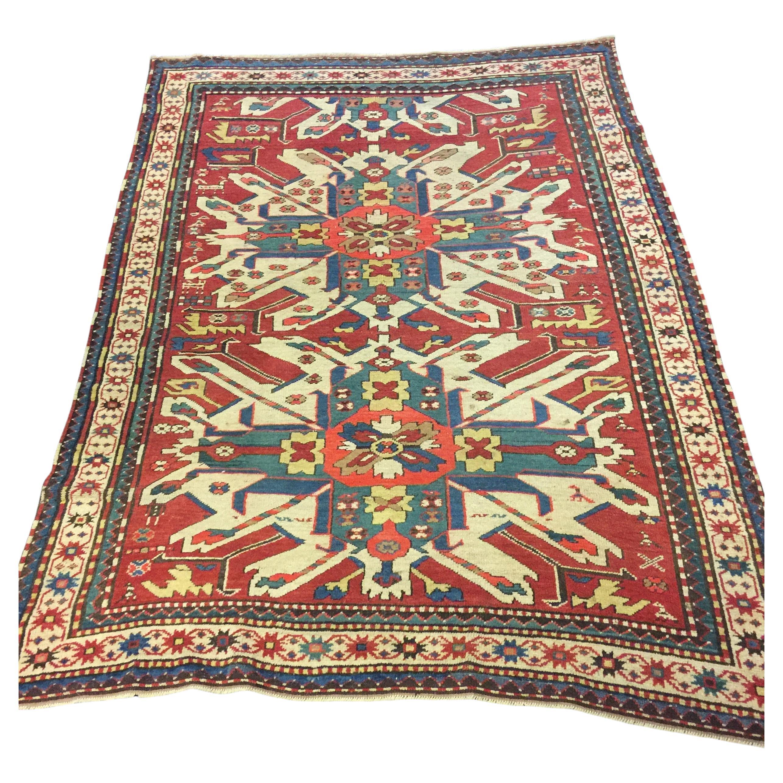 Antique Persian Rug Late 19th Century Eagle Kazak Chelaberd Wool Rug  For Sale