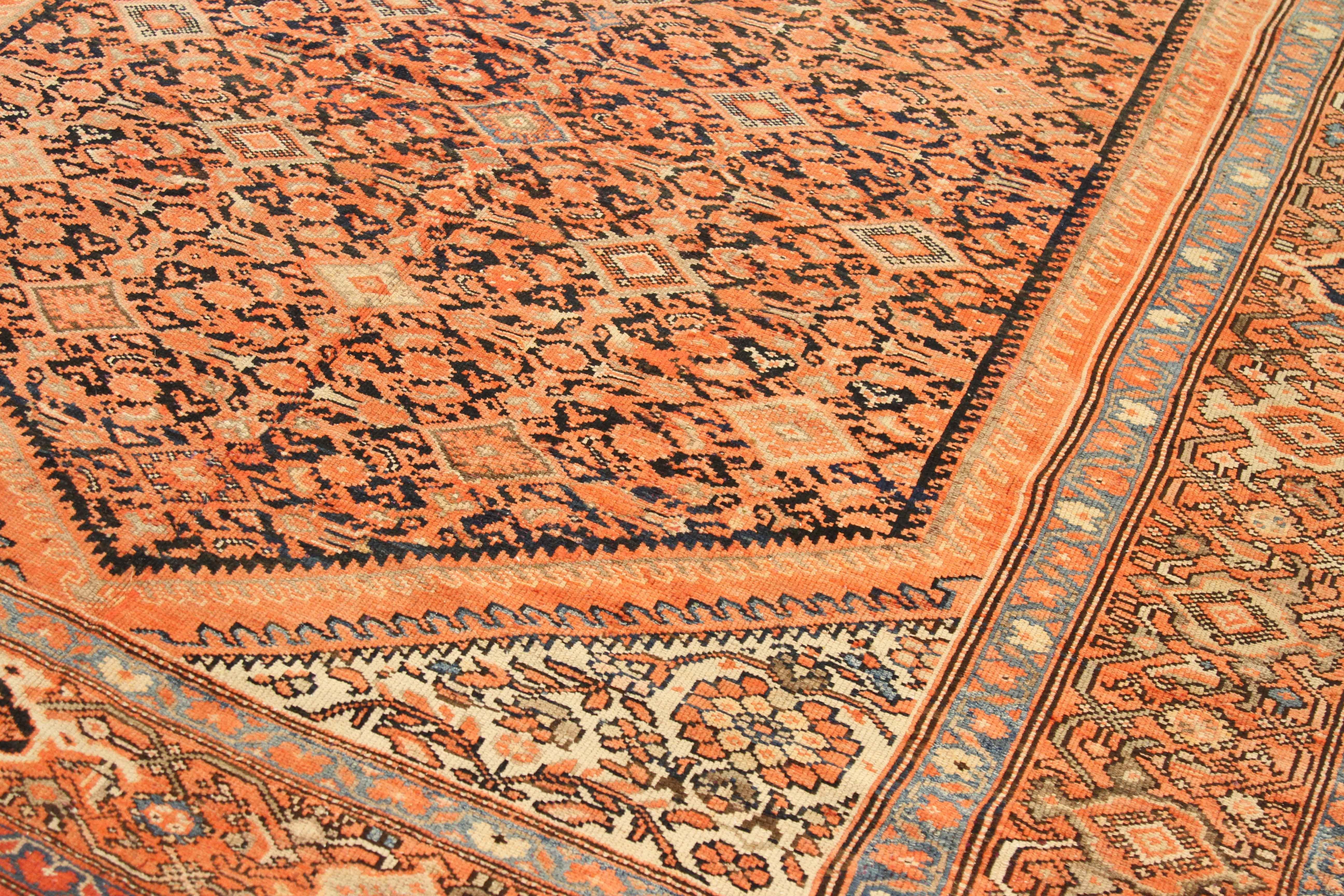 Hand-Knotted Antique Persian Rug Malayer Design with Orange and Black Details, circa 1930s For Sale