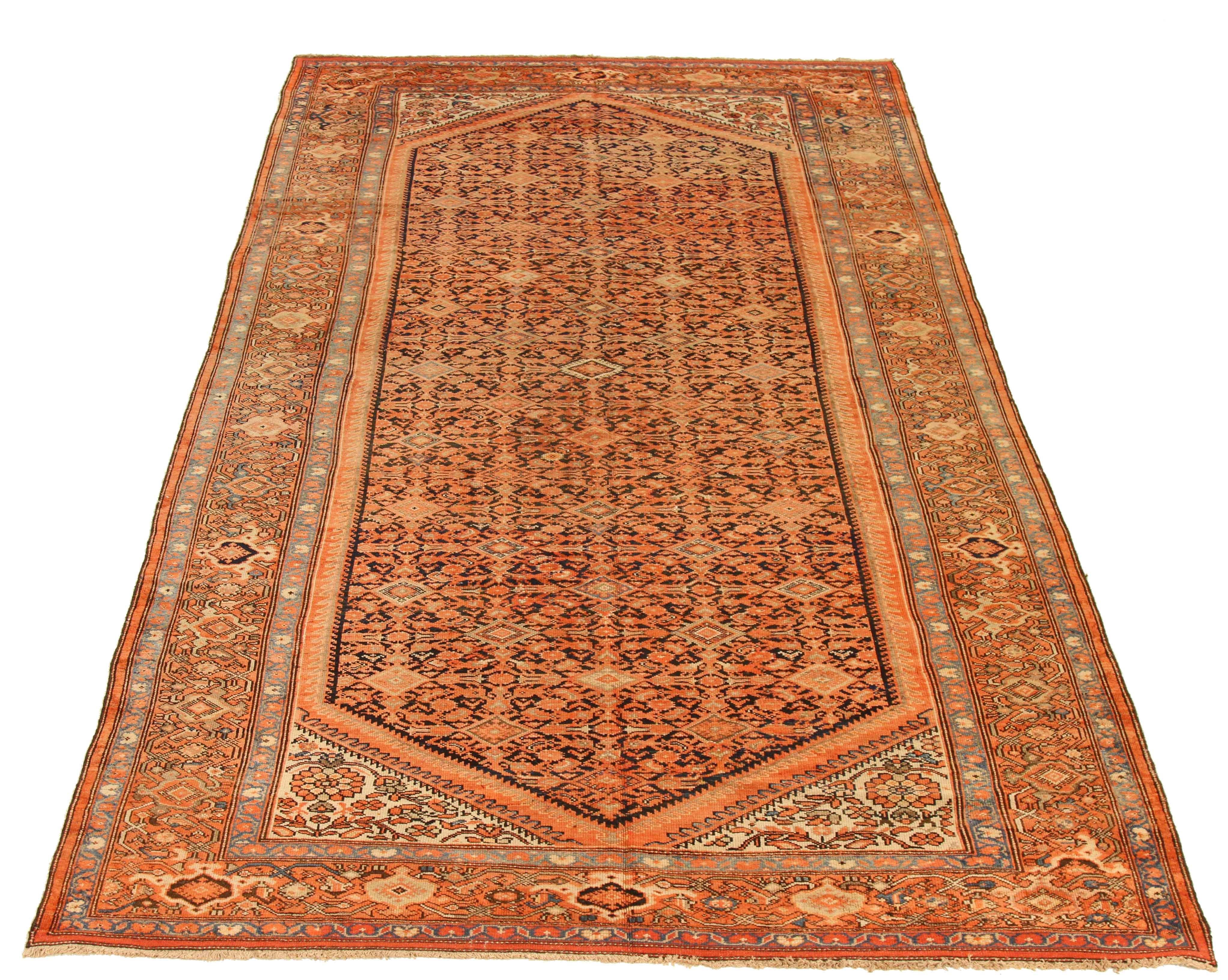 Antique Persian Rug Malayer Design with Orange and Black Details, circa 1930s In Excellent Condition For Sale In Dallas, TX