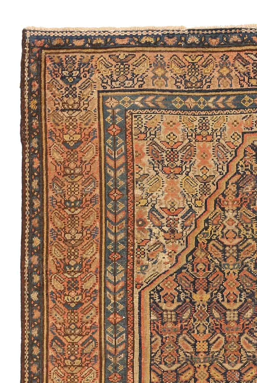 Hand-Woven Antique Persian Rug Malayer Weave with Red and Yellow ‘Boteh’ Design For Sale