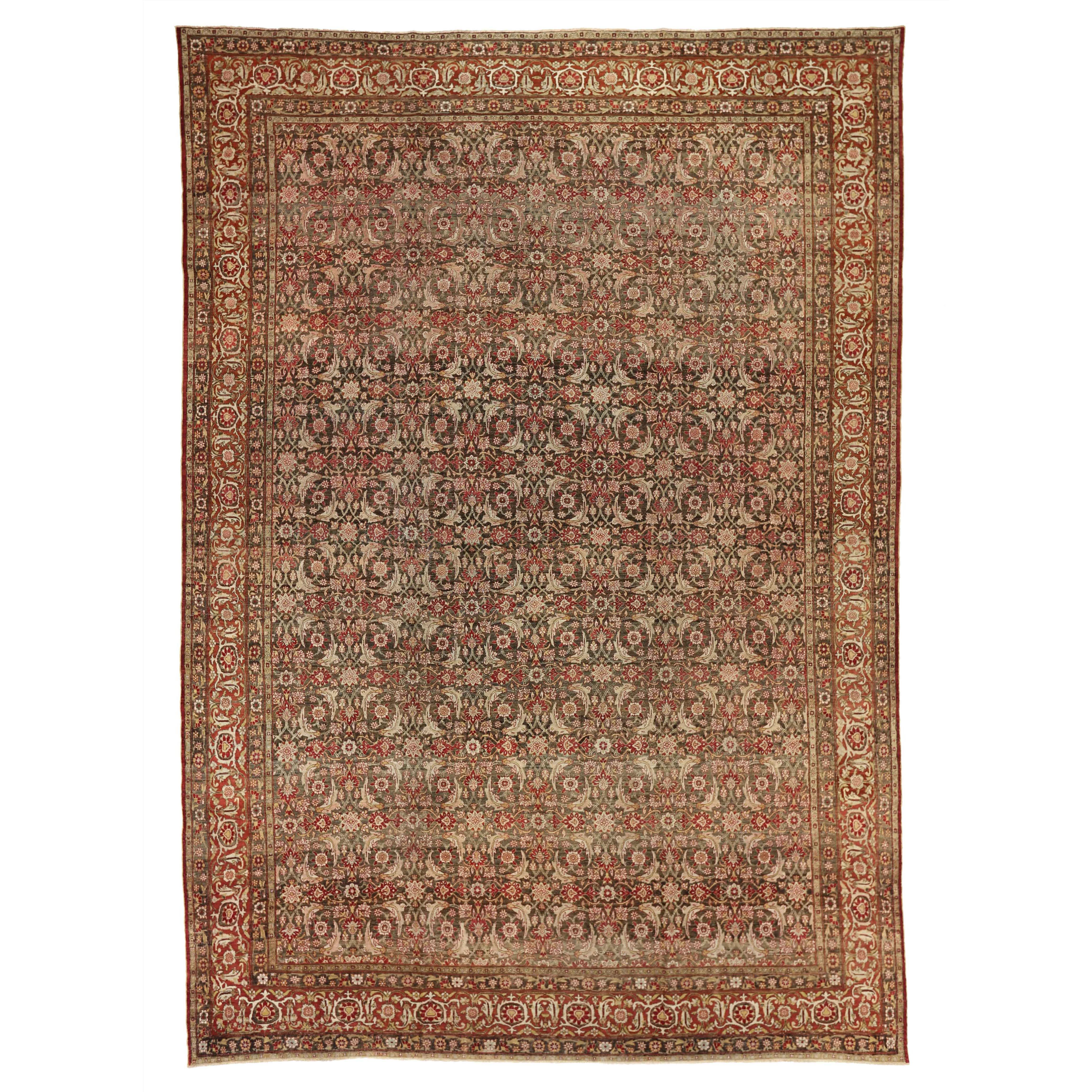  Antique Persian Rug Yazd Design with Red and Pink Medallion Field, circa 1910s