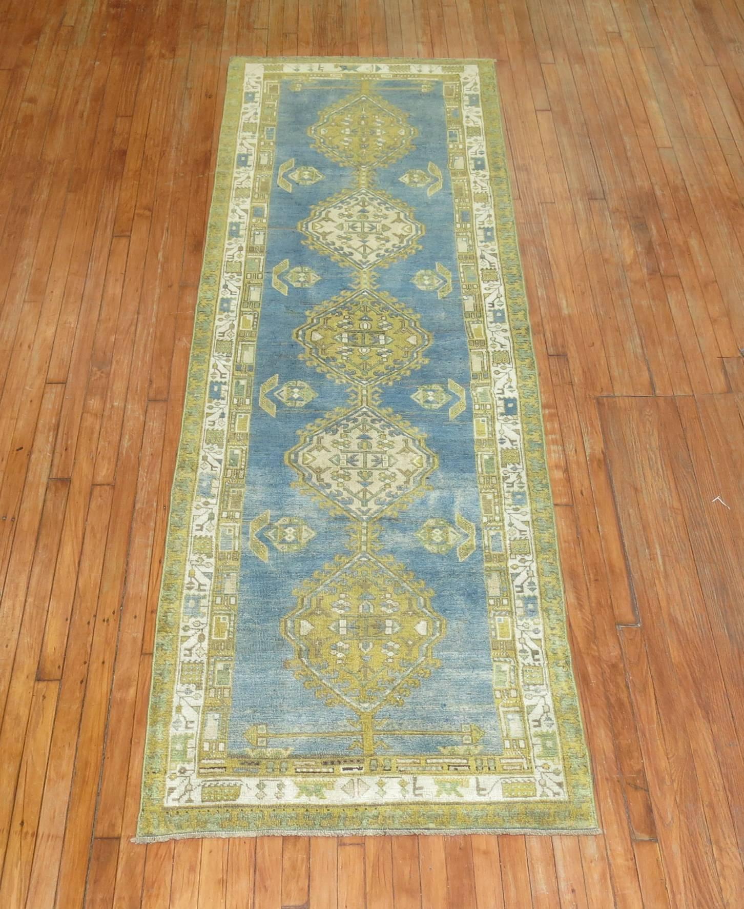 Antique Persian Runner in Sky Blue and Green In Excellent Condition In New York, NY