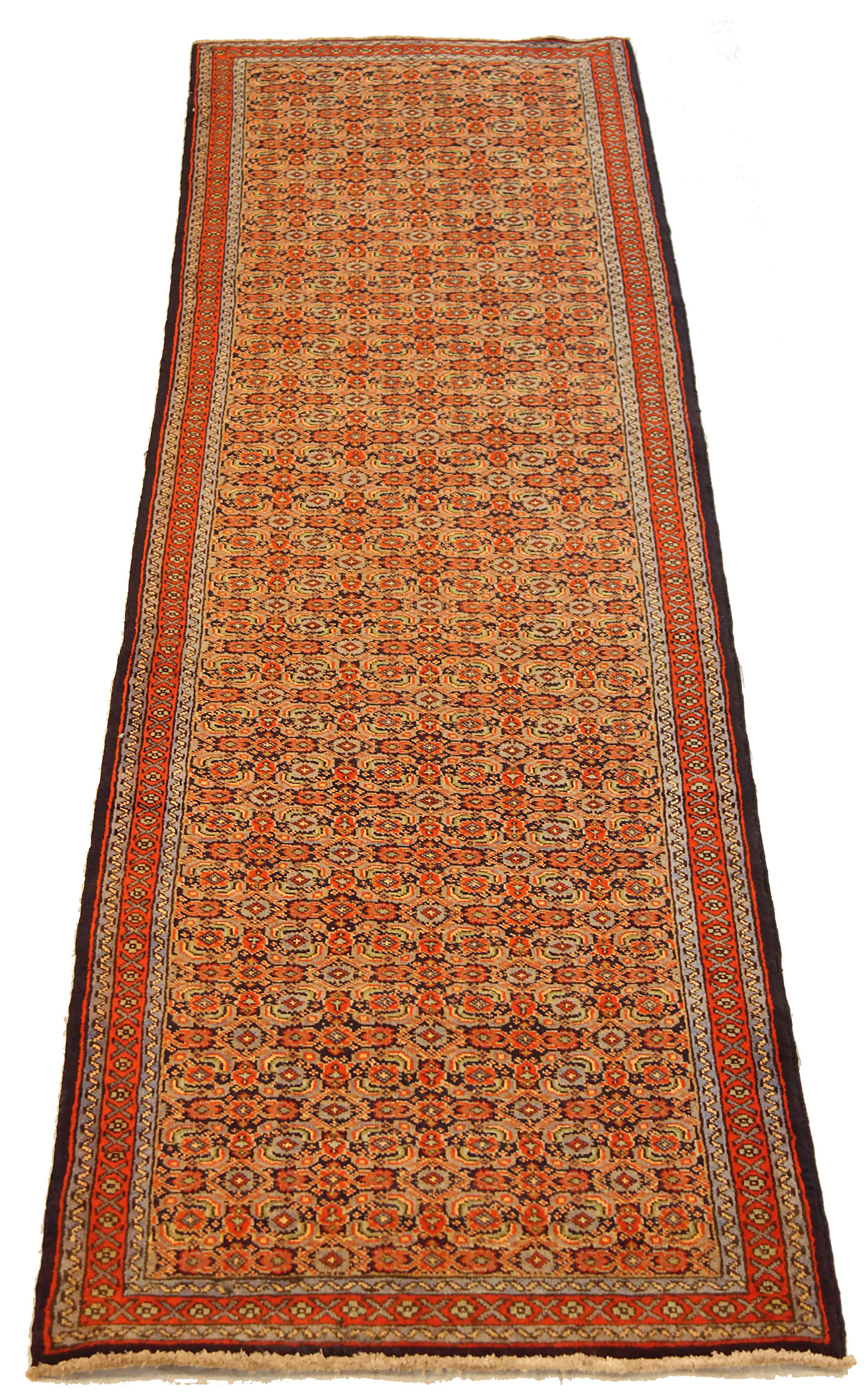 Antique Persian runner rug handwoven from the finest sheep’s wool. It’s colored with all-natural vegetable dyes that are safe for humans and pets. It’s a traditional Ardabil design handwoven by expert artisans. It’s a lovely runner rug that can be