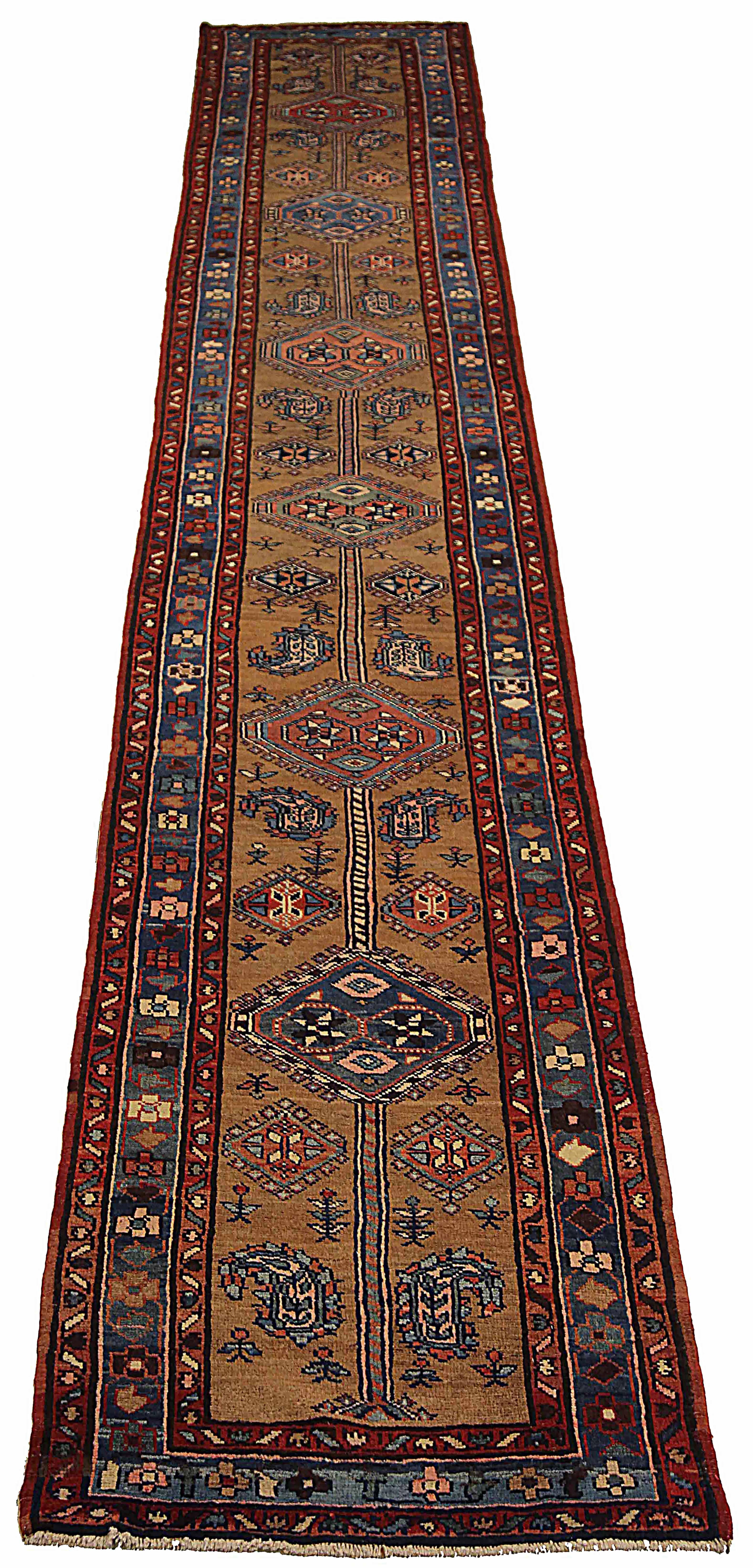 Antique Persian runner rug handwoven from the finest sheep’s wool. It’s colored with all-natural vegetable dyes that are safe for humans and pets. It’s a traditional Azarbaijan design handwoven by expert artisans. It’s a lovely runner rug that can