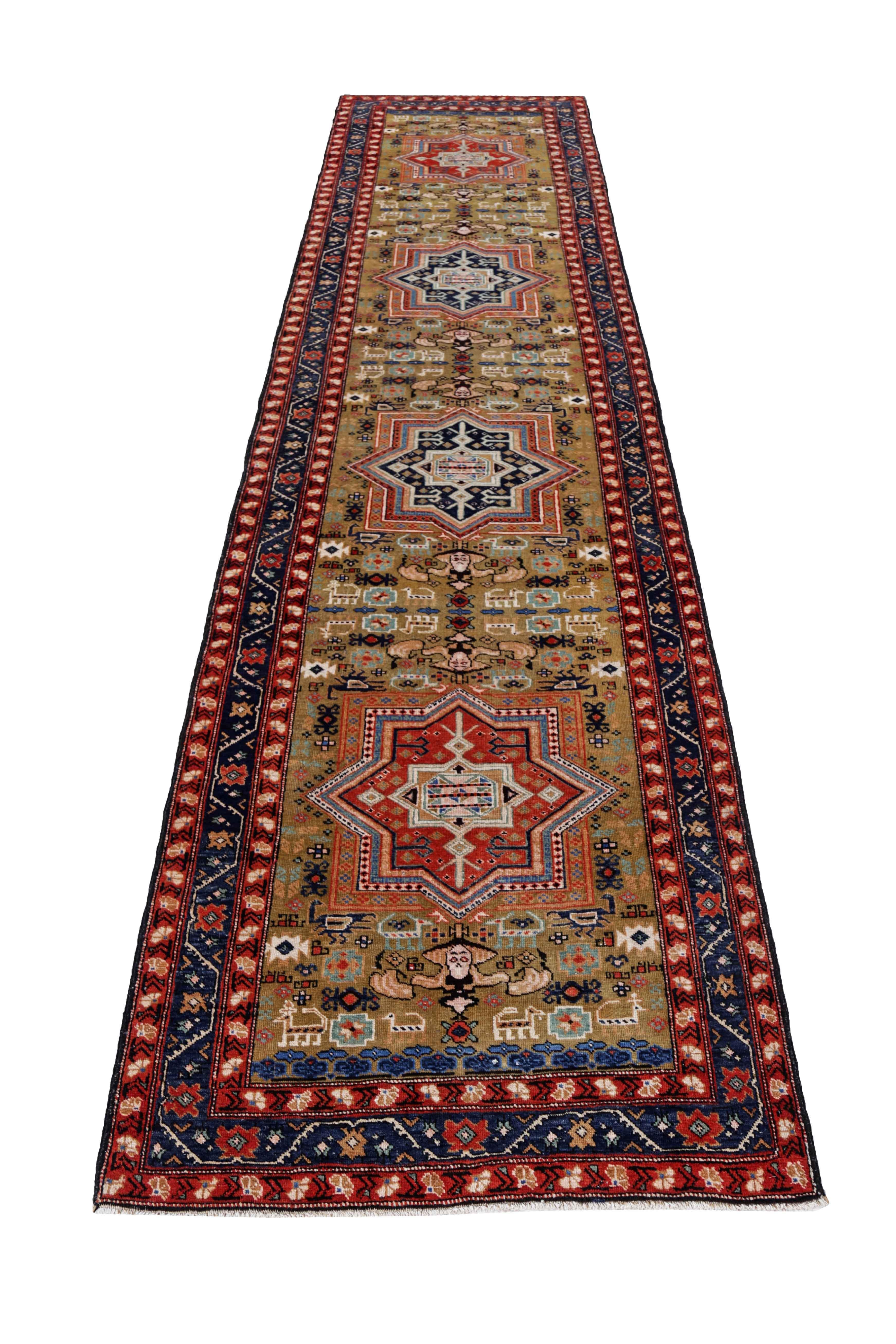 Antique Persian runner rug handwoven from the finest sheep’s wool. It’s colored with all-natural vegetable dyes that are safe for humans and pets. It’s a traditional Azerbaijan design handwoven by expert artisans. It’s a lovely runner rug that can