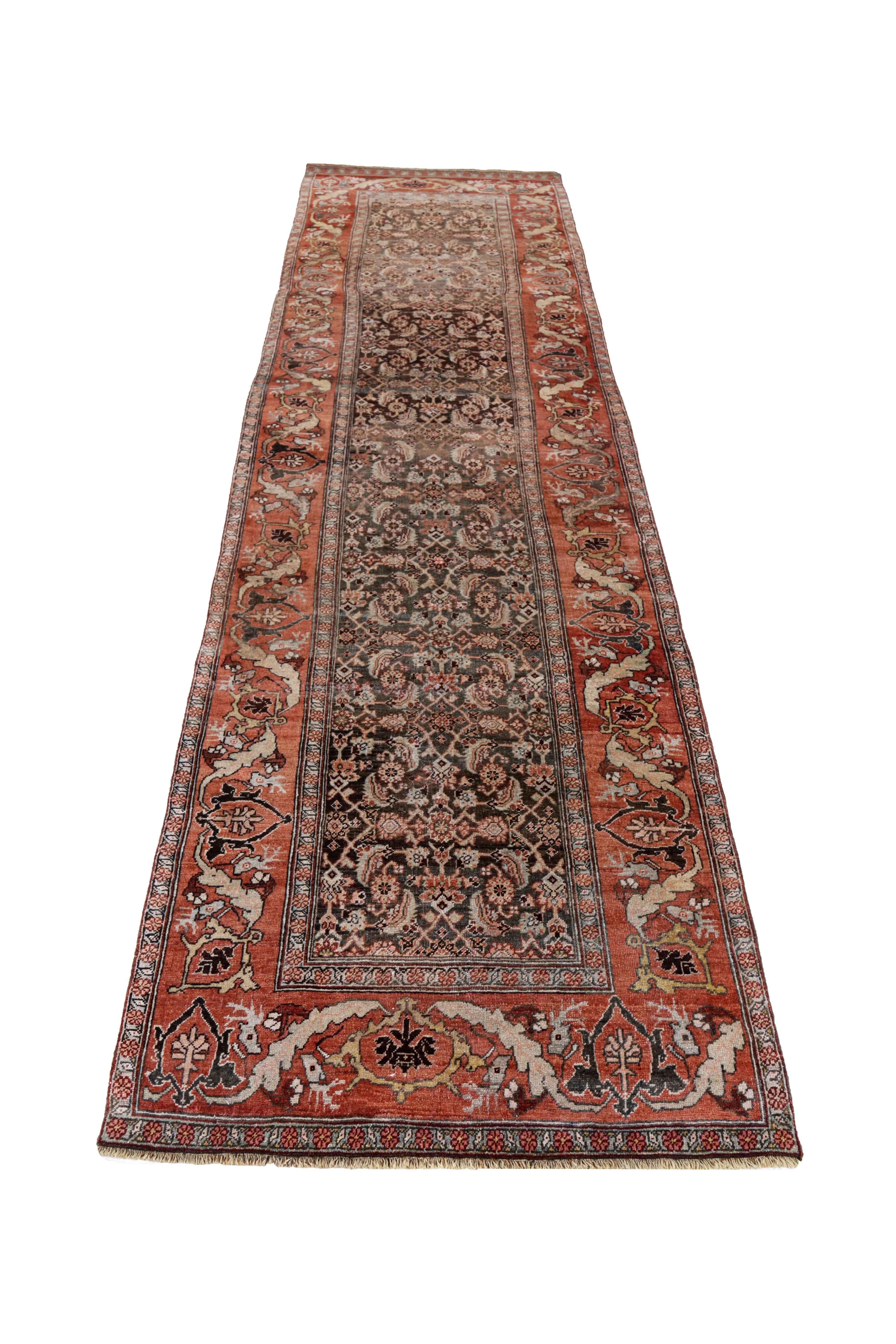 Antique Persian runner rug handwoven from the finest sheep’s wool. It’s colored with all-natural vegetable dyes that are safe for humans and pets. It’s a traditional Bijar design handwoven by expert artisans. It’s a lovely runner rug that can be