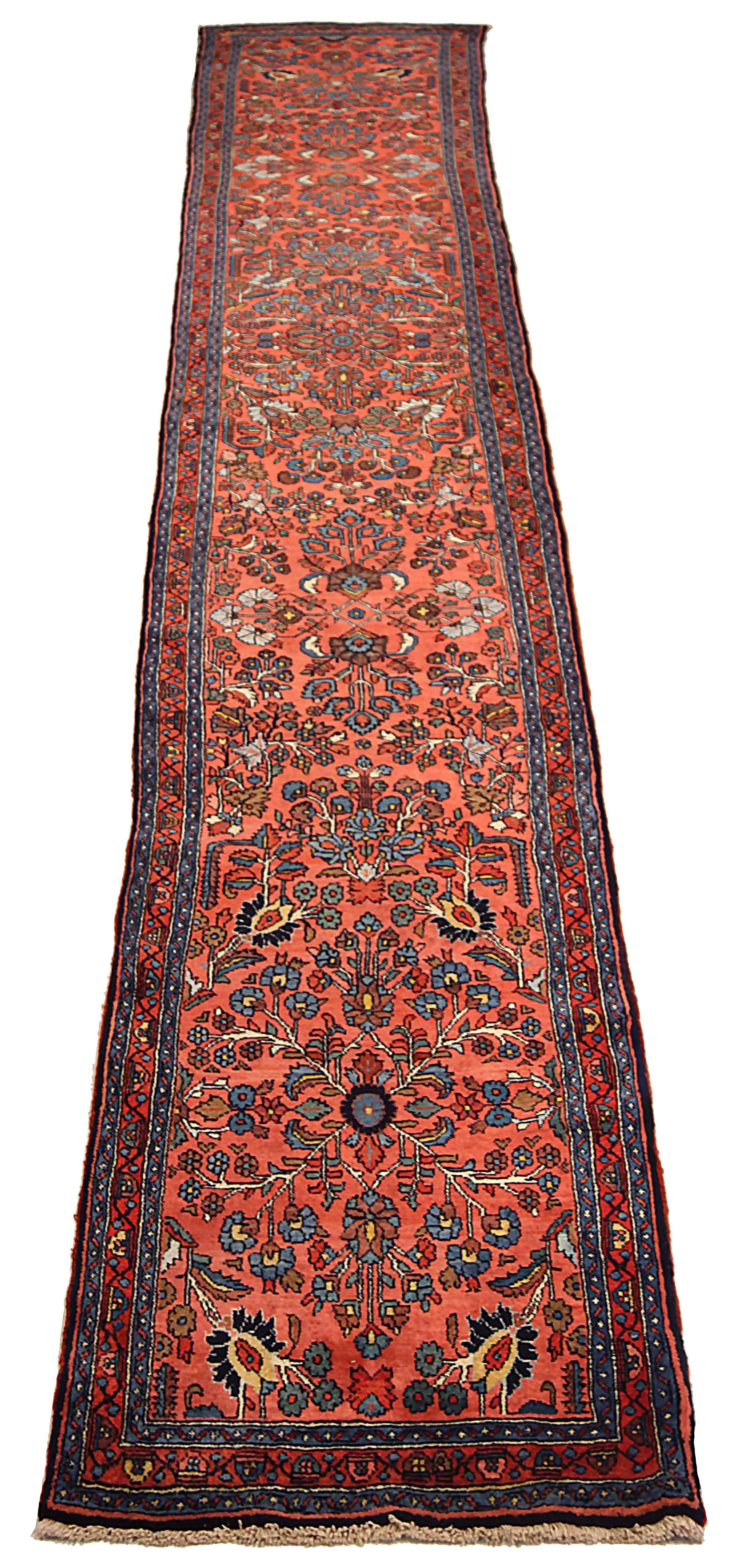 Antique Persian runner rug handwoven from the finest sheep’s wool. It’s colored with all-natural vegetable dyes that are safe for humans and pets. It’s a traditional Hamedan design handwoven by expert artisans. It’s a lovely runner rug that can be