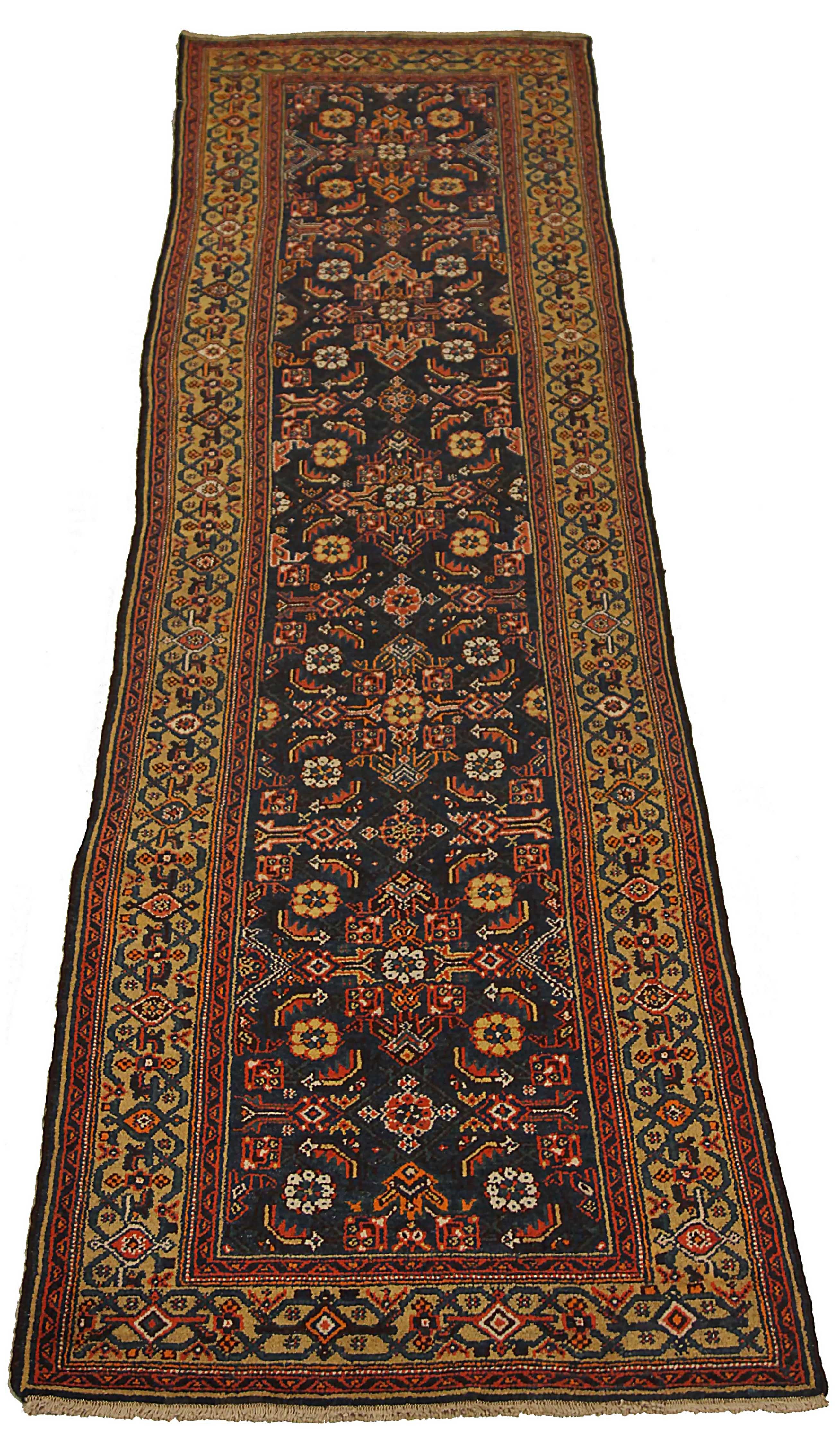 Antique Persian area rug handwoven from the finest sheep’s wool. It’s colored with all-natural vegetable dyes that are safe for humans and pets. It’s a traditional Hamedan design handwoven by expert artisans. It’s a lovely runner rug that can be