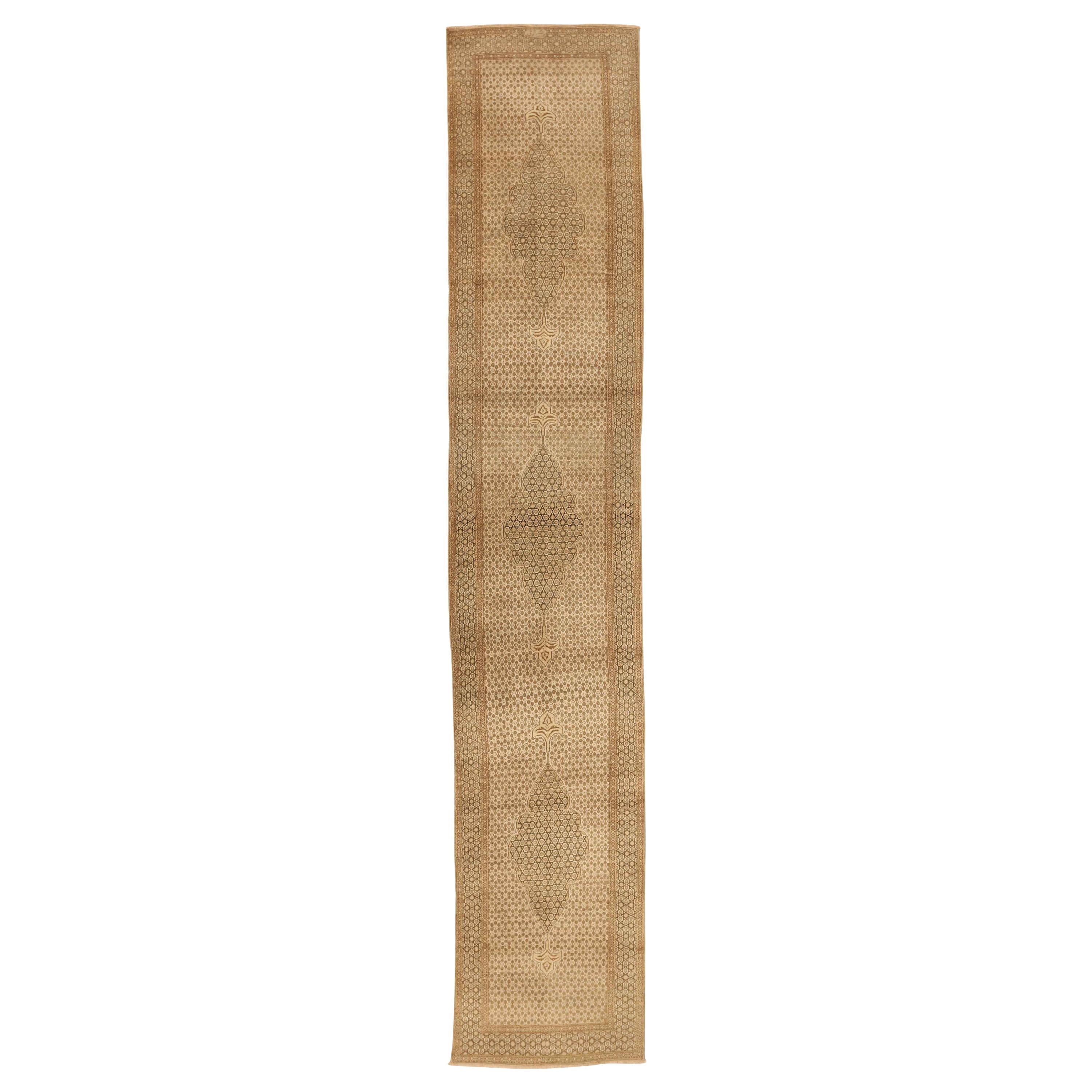 Persian Kerman Runner Rug Circa 1880 - Wool Brown Ivory Design - 75749