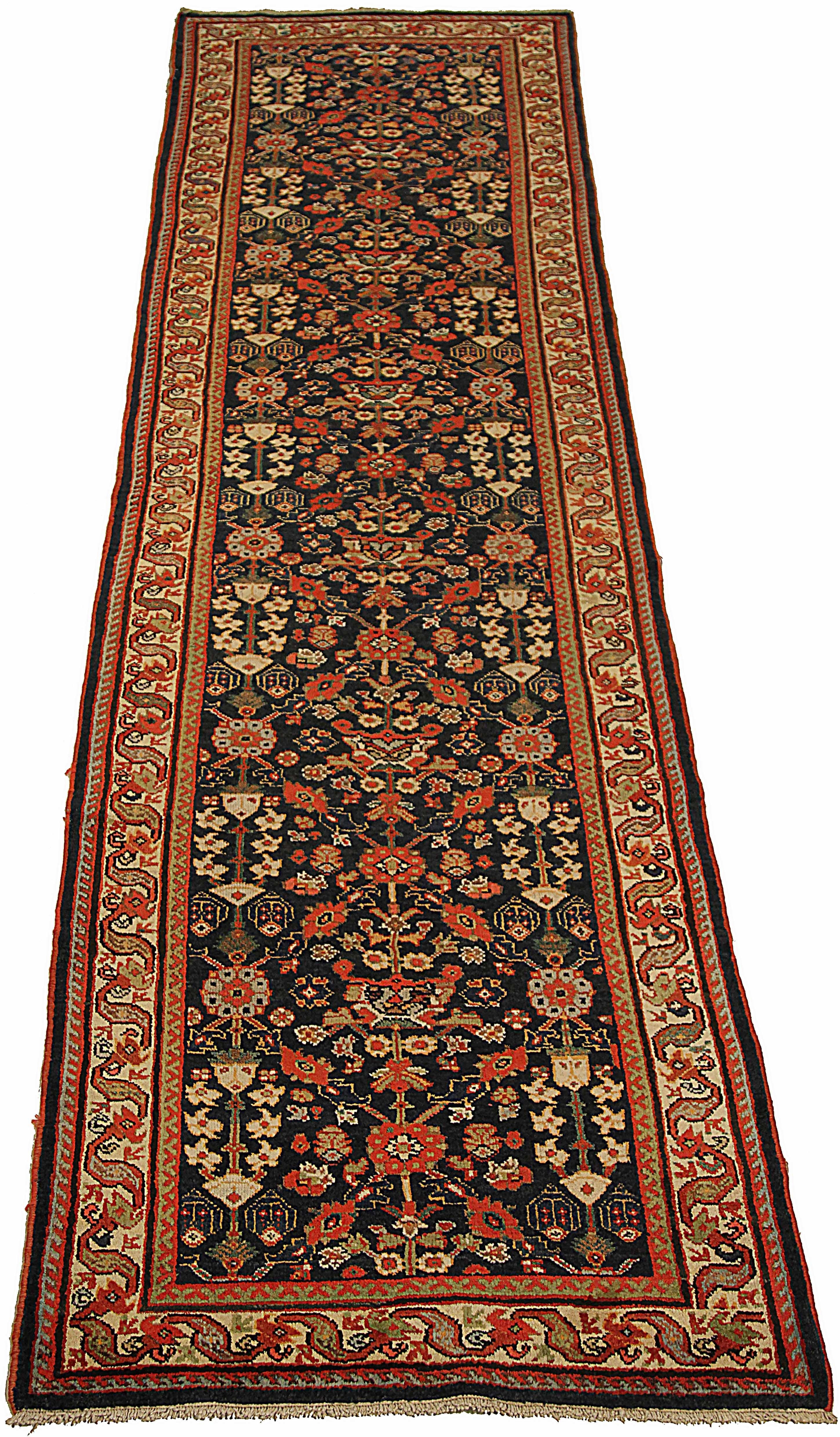 Antique Persian runner rug handwoven from the finest sheep’s wool. It’s colored with all-natural vegetable dyes that are safe for humans and pets. It’s a traditional Mahal design handwoven by expert artisans. It’s a lovely runner rug that can be