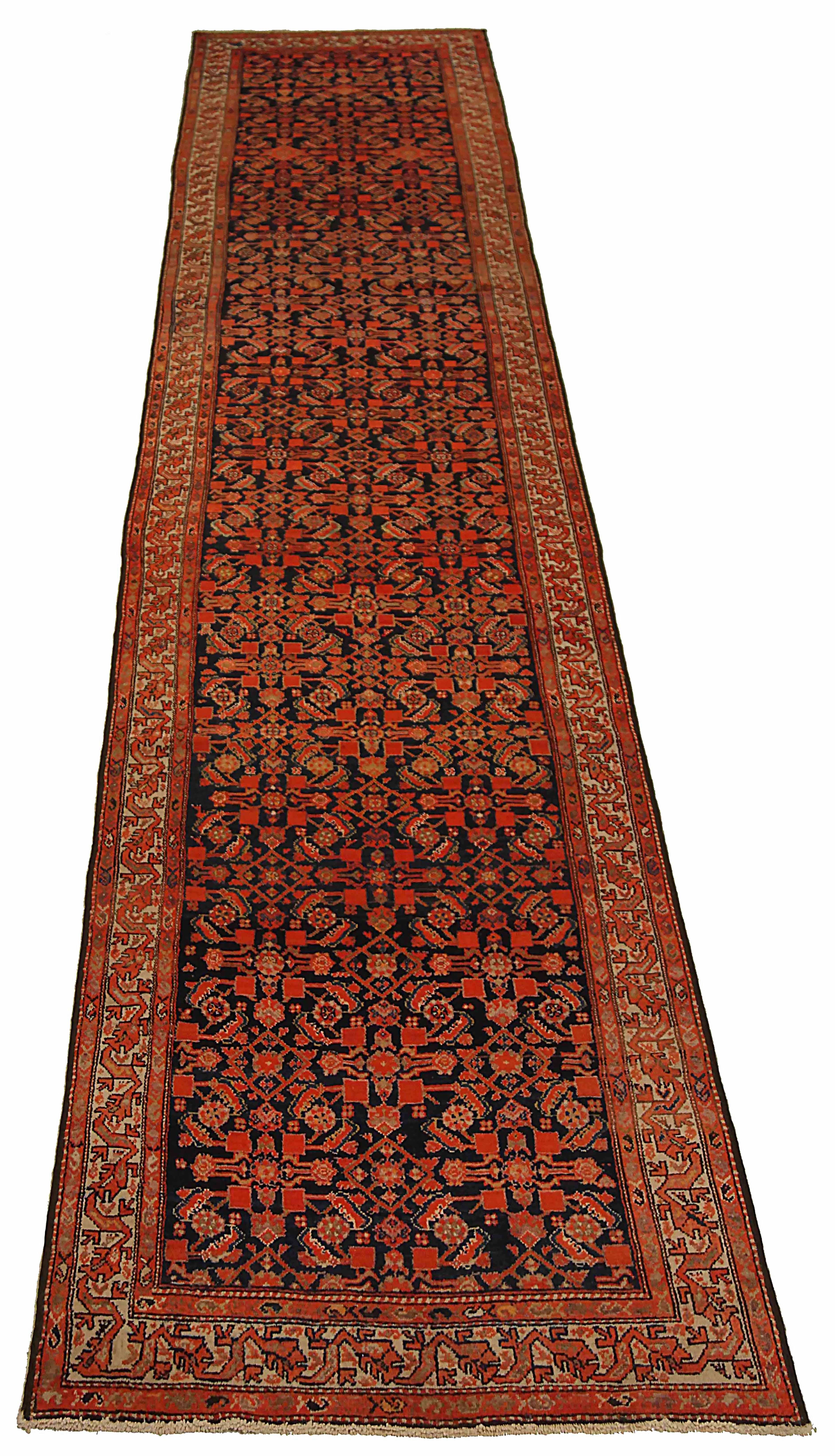 Antique Persian runner rug handwoven from the finest sheep’s wool. It’s colored with all-natural vegetable dyes that are safe for humans and pets. It’s a traditional Malayer design handwoven by expert artisans. It’s a lovely runner rug that can be