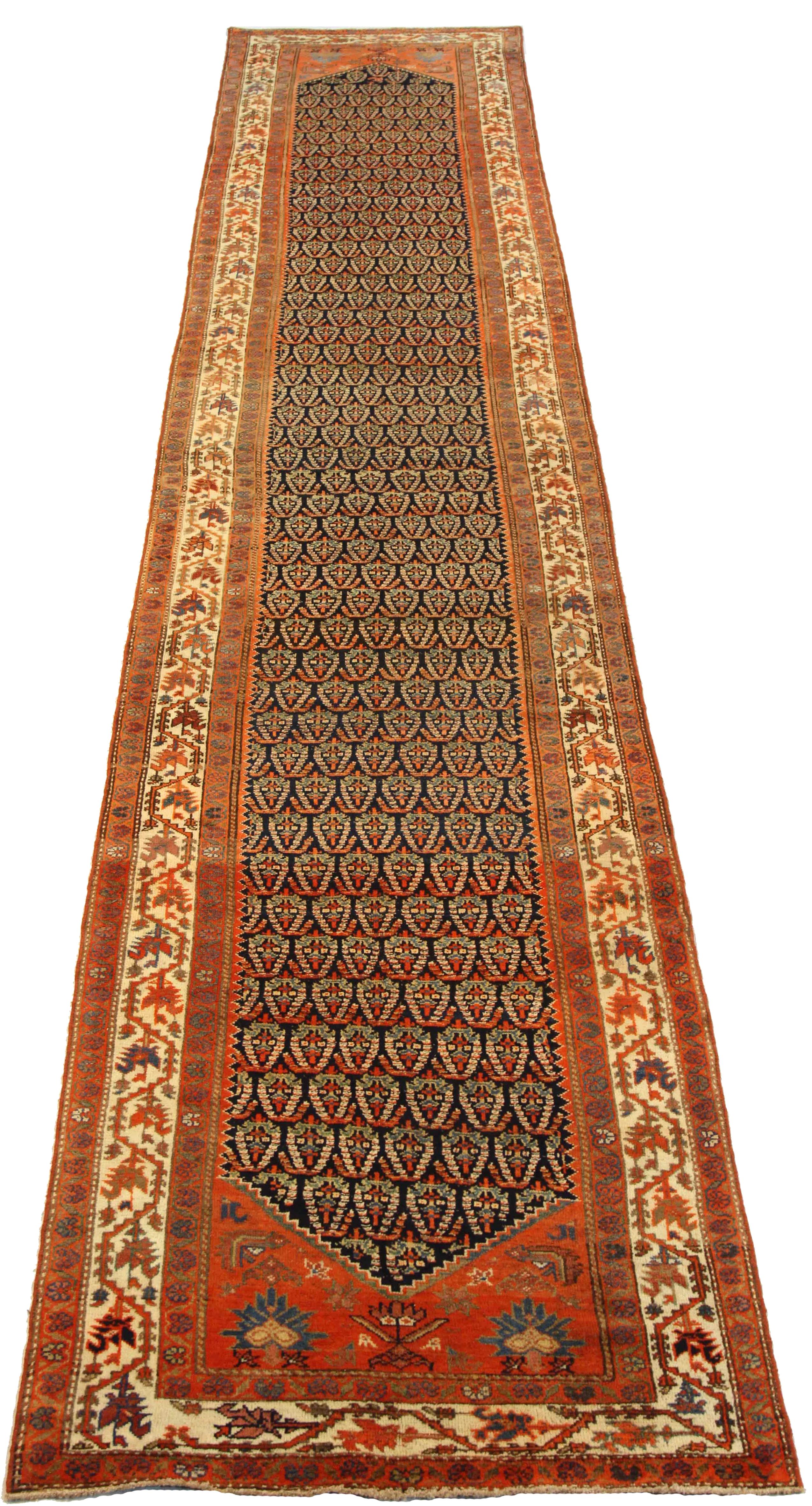 Antique Persian runner rug handwoven from the finest sheep’s wool. It’s colored with all-natural vegetable dyes that are safe for humans and pets. It’s a traditional Malayer design handwoven by expert artisans. It’s a lovely runner rug that can be