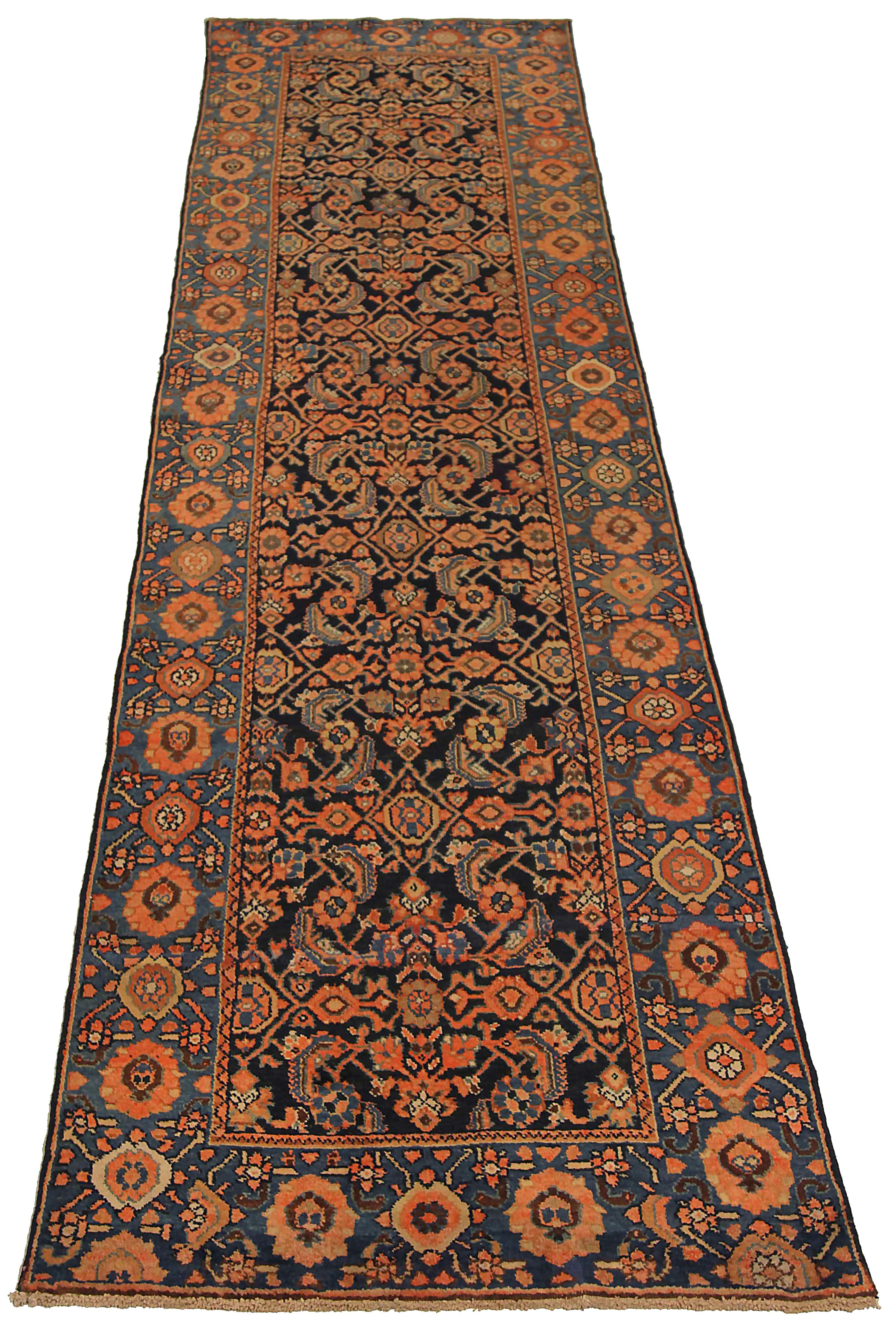 Antique Persian runner rug handwoven from the finest sheep’s wool. It’s colored with all-natural vegetable dyes that are safe for humans and pets. It’s a traditional Malayer design handwoven by expert artisans. It’s a lovely runner rug that can be
