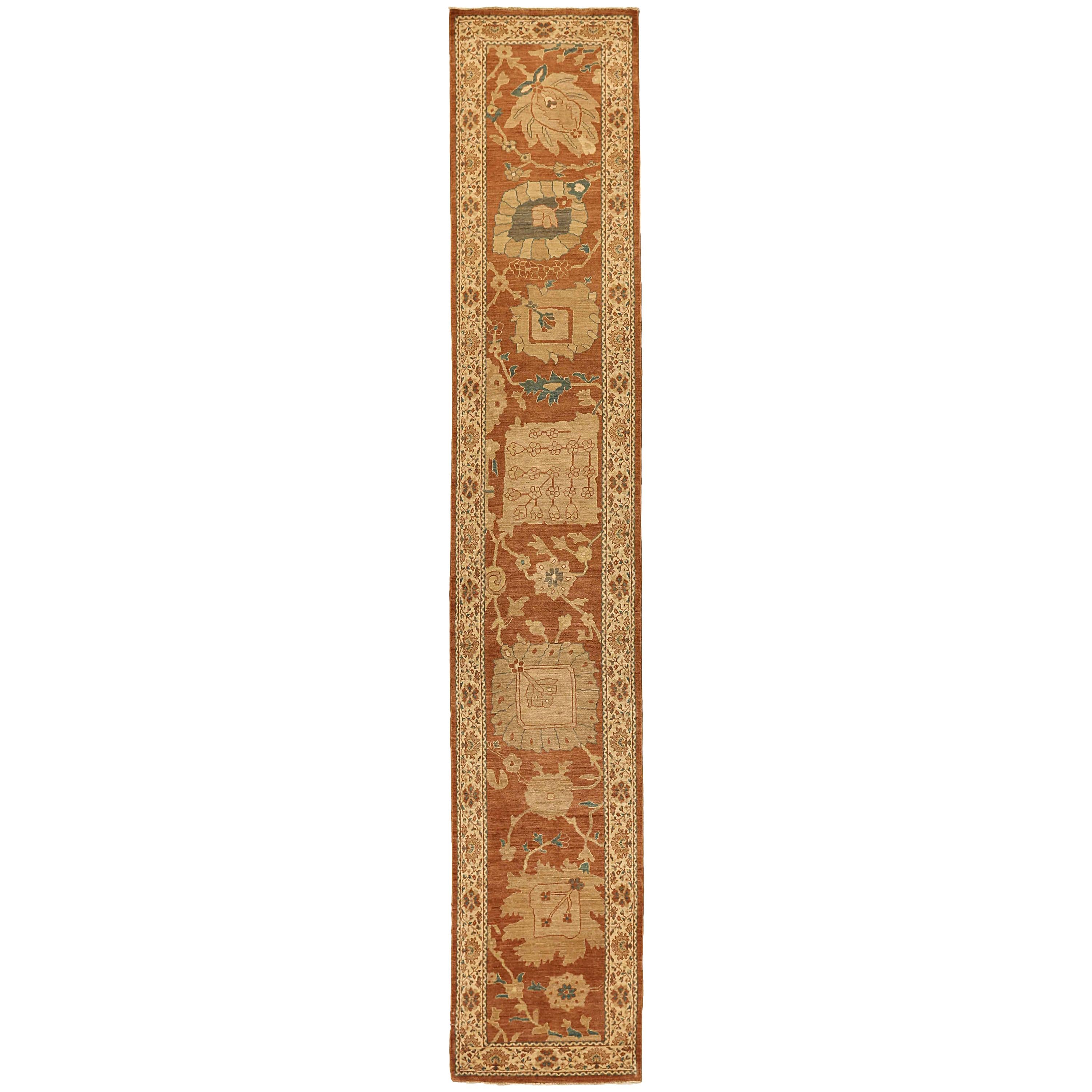 Antique Turkish Sultanabad Runner Rug with Floral Details on Brown Field For Sale