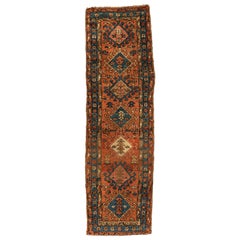 Antique Persian Rust and Blue Geometric Heriz Narrow Runner Rug