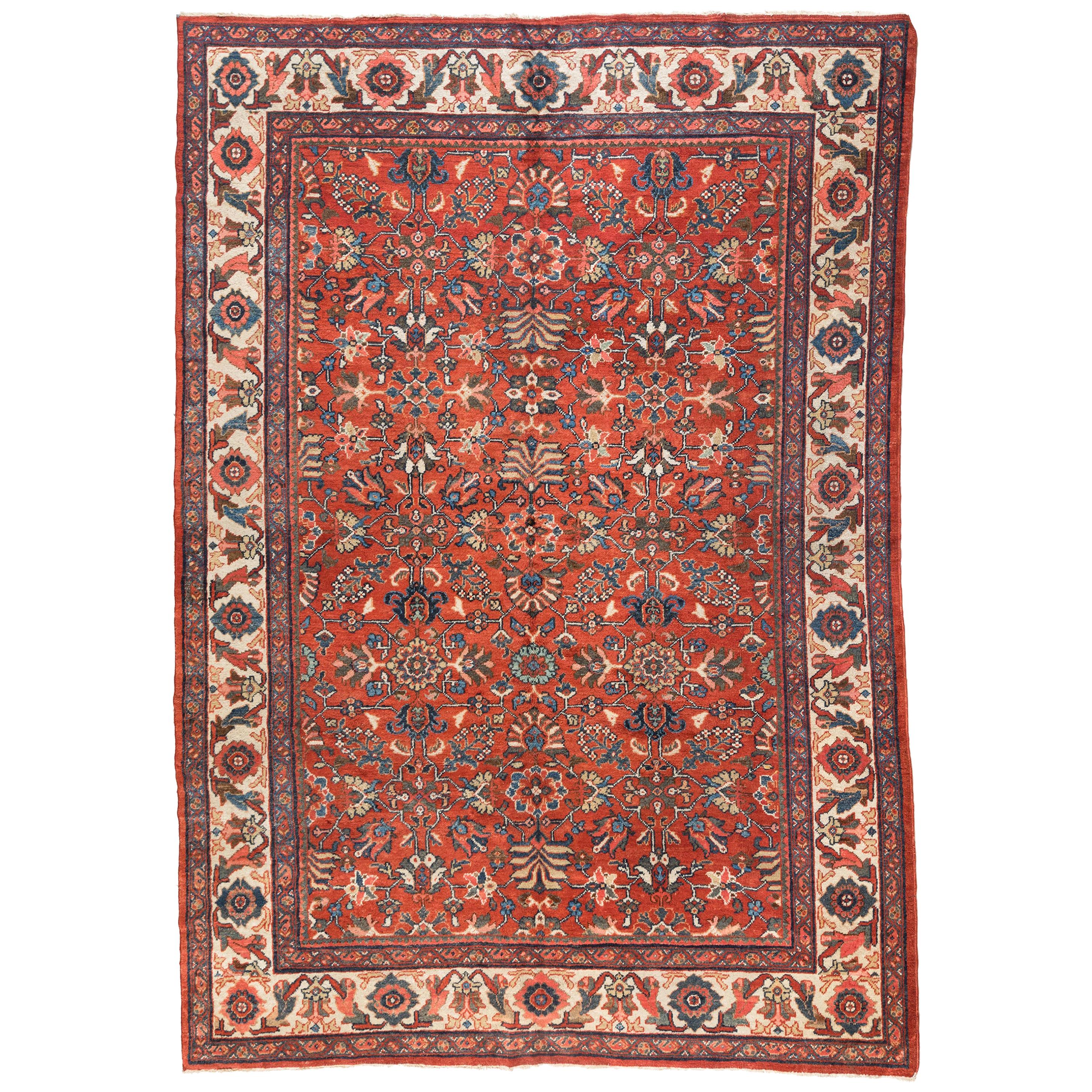 Antique Persian Rust Blue Ivory Floral Mahal Ziegler Area Rug For Sale
