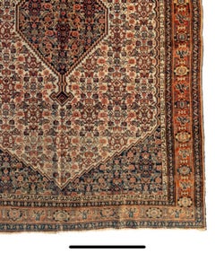 Antique Persian Rust Ivory Navy Blue Senneh Area Rug, circa 1900