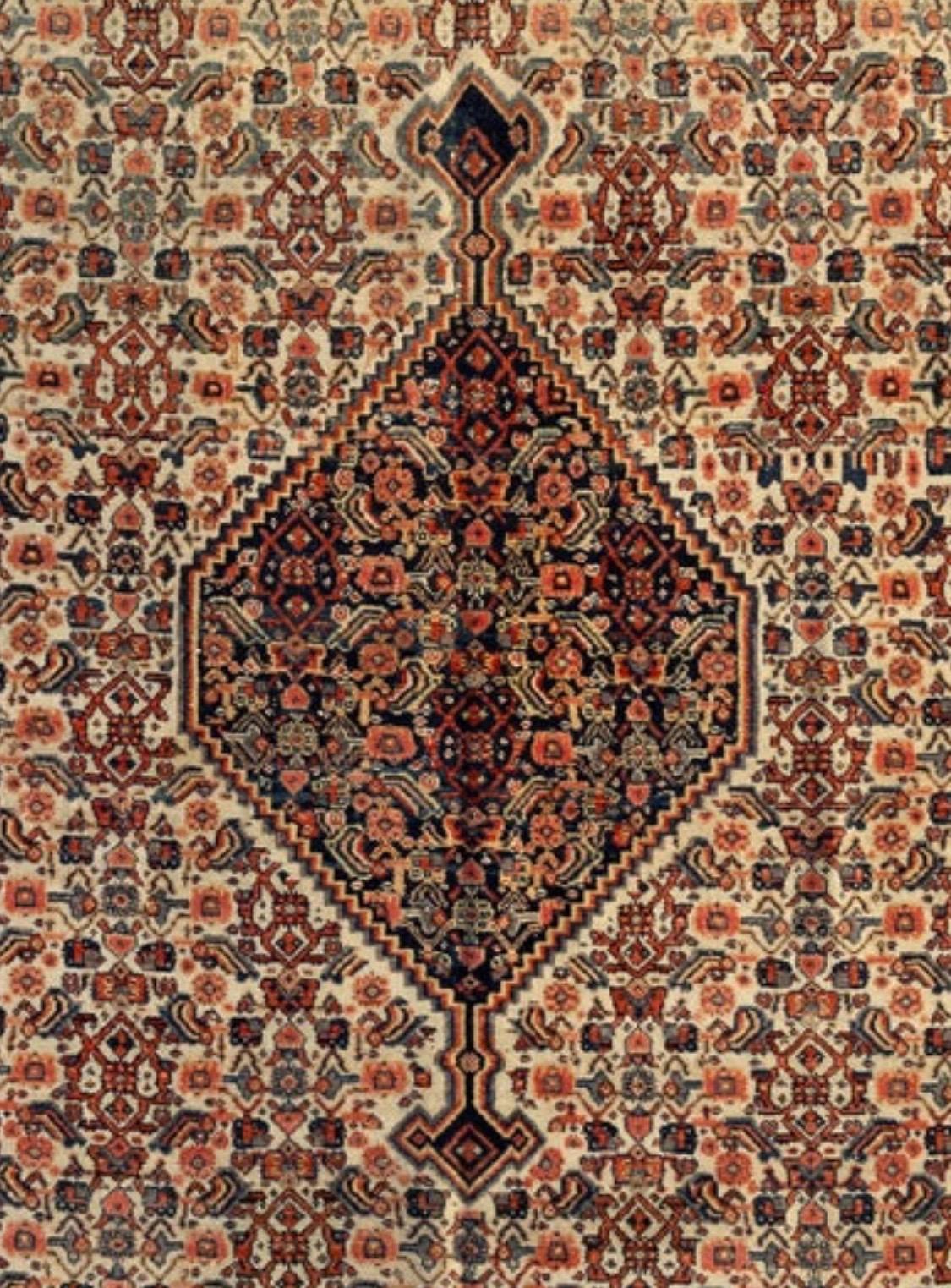 Tabriz Antique Persian Rust Ivory Navy Blue Senneh Area Rug, circa 1900 For Sale
