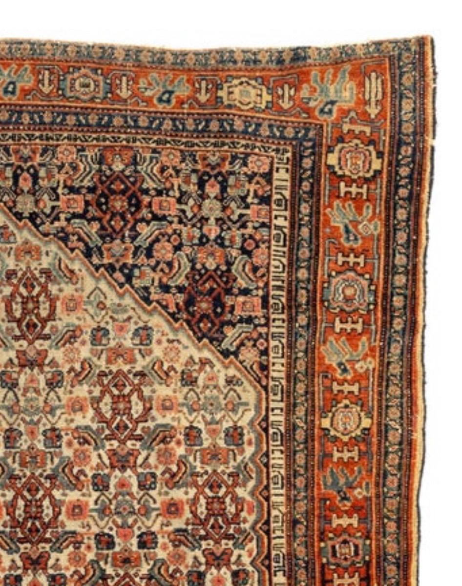 Hand-Knotted Antique Persian Rust Ivory Navy Blue Senneh Area Rug, circa 1900 For Sale