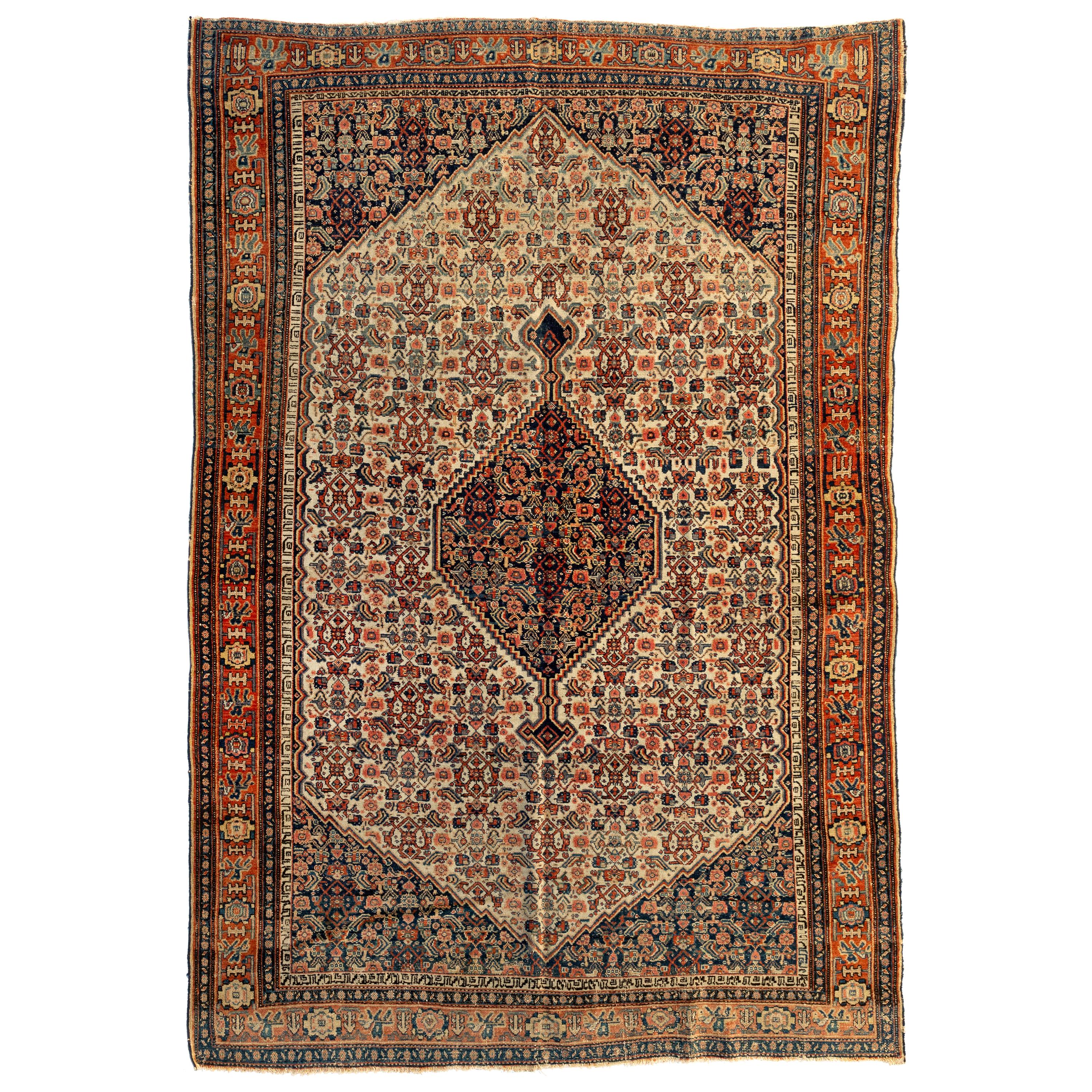 Antique Persian Rust Ivory Navy Blue Senneh Area Rug, circa 1900