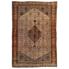 Antique Persian Rust Ivory Navy Blue Senneh Area Rug, circa 1900