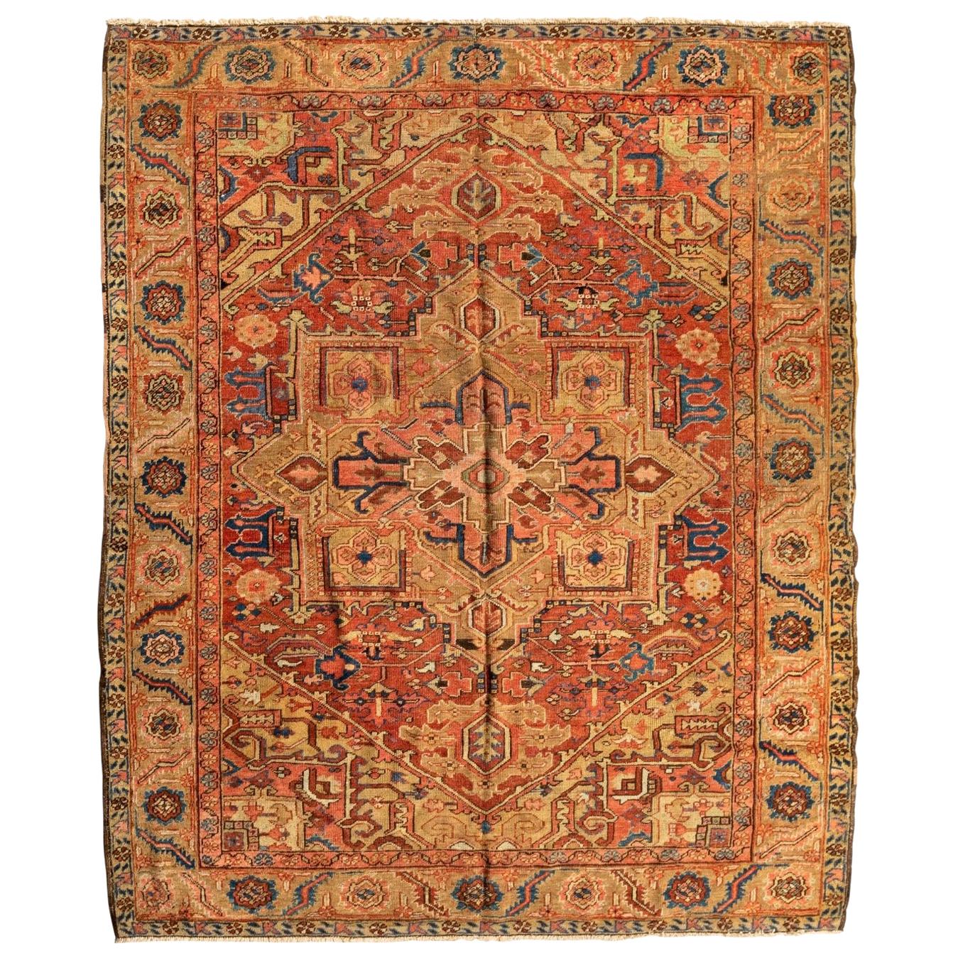 Antiker persischer, geometrischer, quadratischer Heriz-Teppich in Rost, Marineblau, Stammeskunst, um 1880