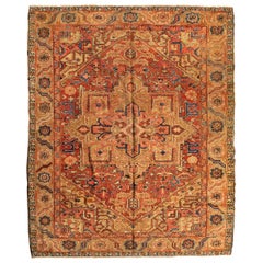 Antique Persian Rust Navy Blue Tribal Geometric Square Heriz Rug, c. 1880s