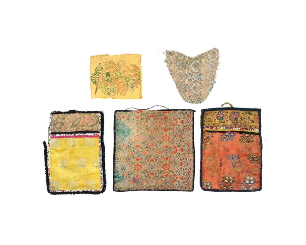 A lot of five antique Persian Iranian Safavid dynasty hand woven embroidered textile pieces. The textiles are adorned with hand woven raised floral and foliage motifs. Circa the mid 17th to early 18th century. Safavid Iran or Safavid Persia, also
