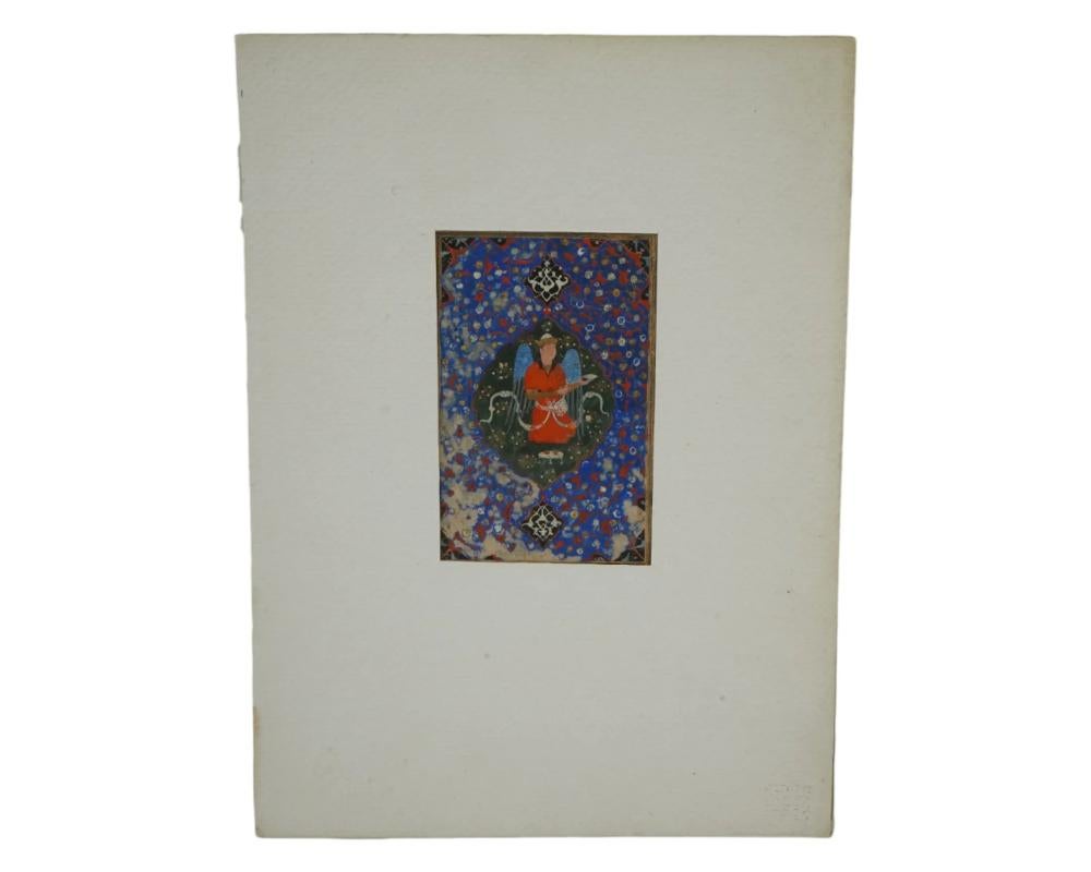 An antique Persian miniature painting, executed in opaque watercolor on paper, portraying Archangel Michael, the revered archangel of mercy in Persian mythology. Depicted fulfilling his divine duties, providing nourishment for bodies and souls, and