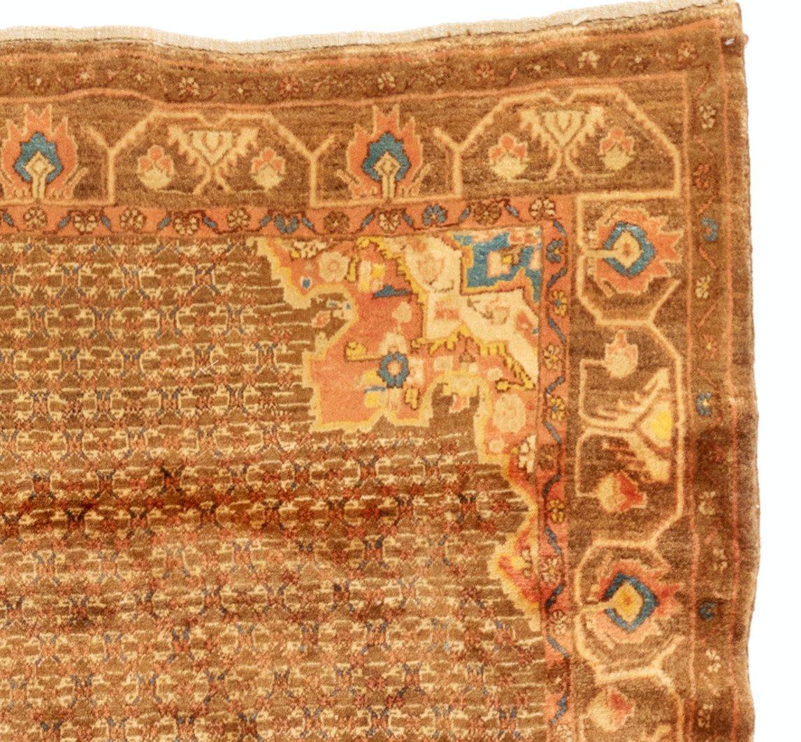 This is a lovely antique Persian Sarab gold camel hair rug from the 1920s and measures 5.2 x 9.10 ft. It is in excellent condition.
  
Provenance:
Purchased at Sotheby's New York, NY in spring 2007.