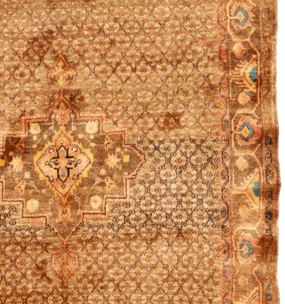 Art Deco Antique Persian Sarab Gold Brown and Blue Camel Hair Rug, circa 1920s For Sale