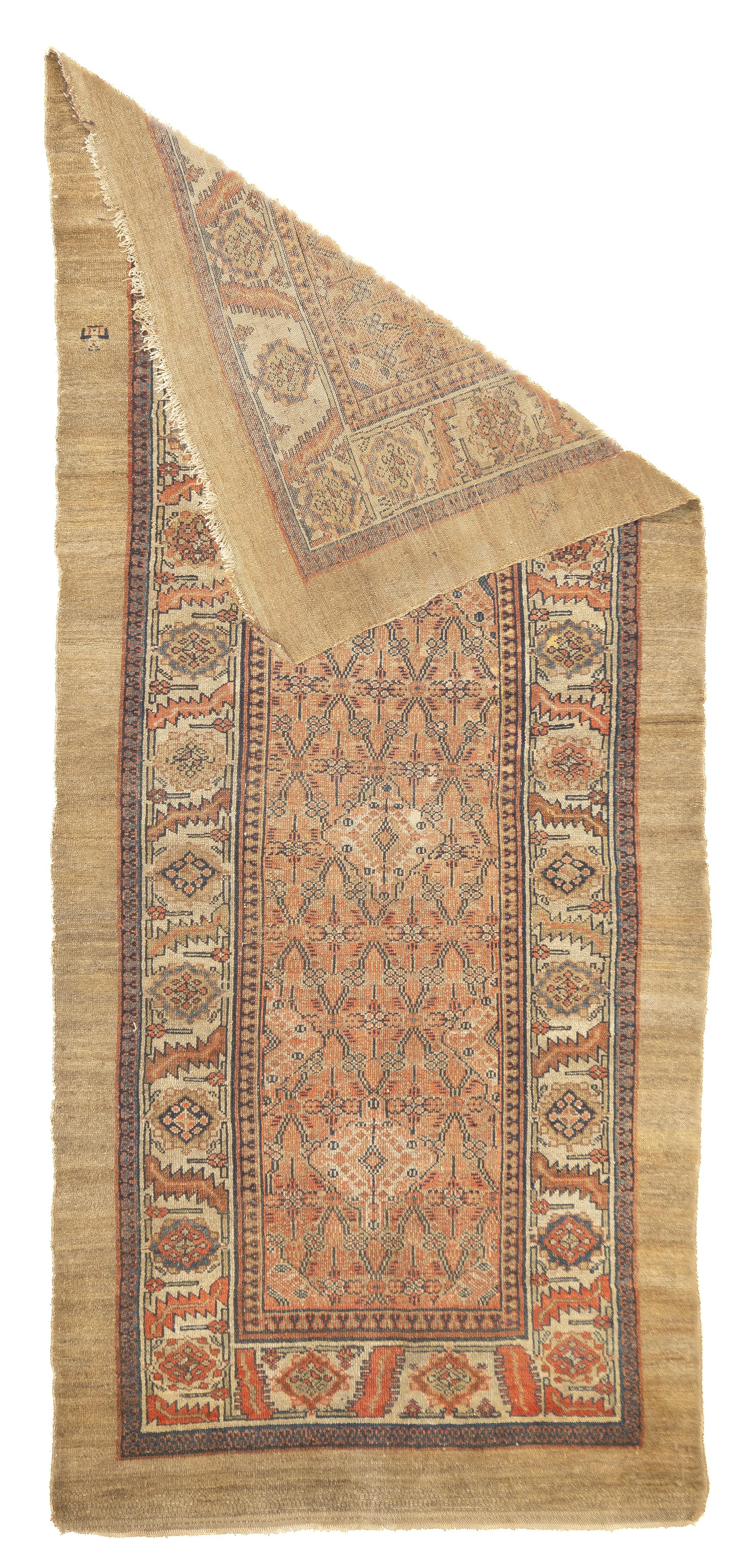 Antique Persian Sarab Rug 4'1'' x 9'3''. From a corner of the NW Persian Heriz triangle, this town and surrounding villages specialises in wool foundation, robustly woven runner (kenares) with important camel tan to brown tones. Very few scatters,