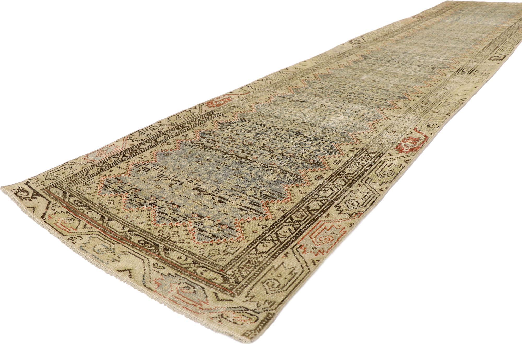 53660 Distressed Antique-Worn Persian Malayer Rug, 02'10 x 12'08.
​Step into a world of laid-back luxury and faded glamour with this  hand knotted wool antique-worn Persian Malalyer rug runner. The richly striated field boasts a beautiful botanical