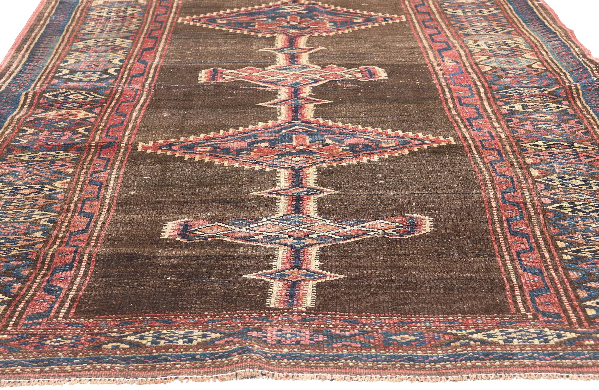 Hand-Knotted Antique Persian Sarab Rug Runner, Natural Elegance Meets Tribal Style For Sale