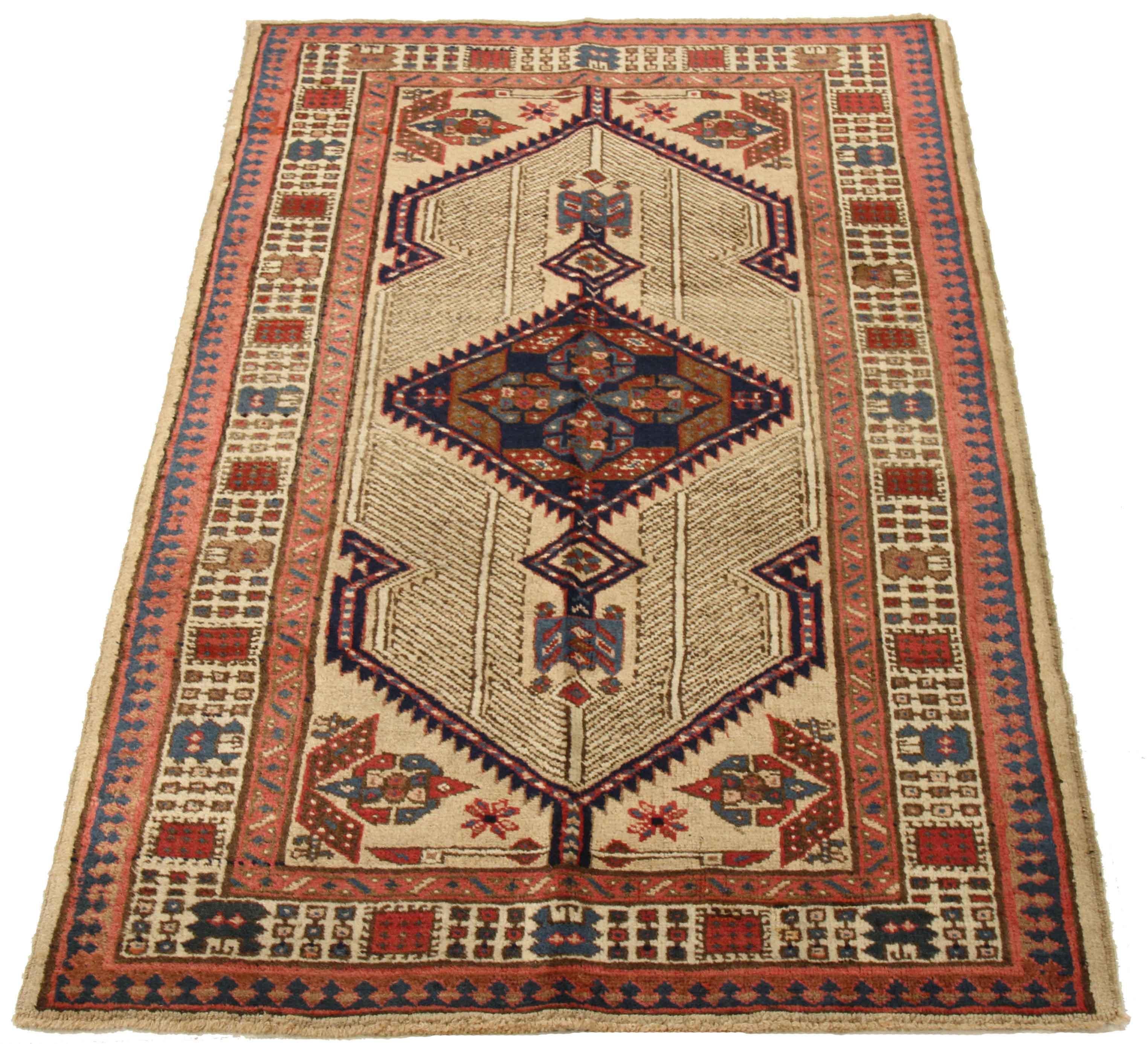 Hand-Woven Antique Persian Sarab Rug with Brown and Navy Blue Geometric Patterns For Sale