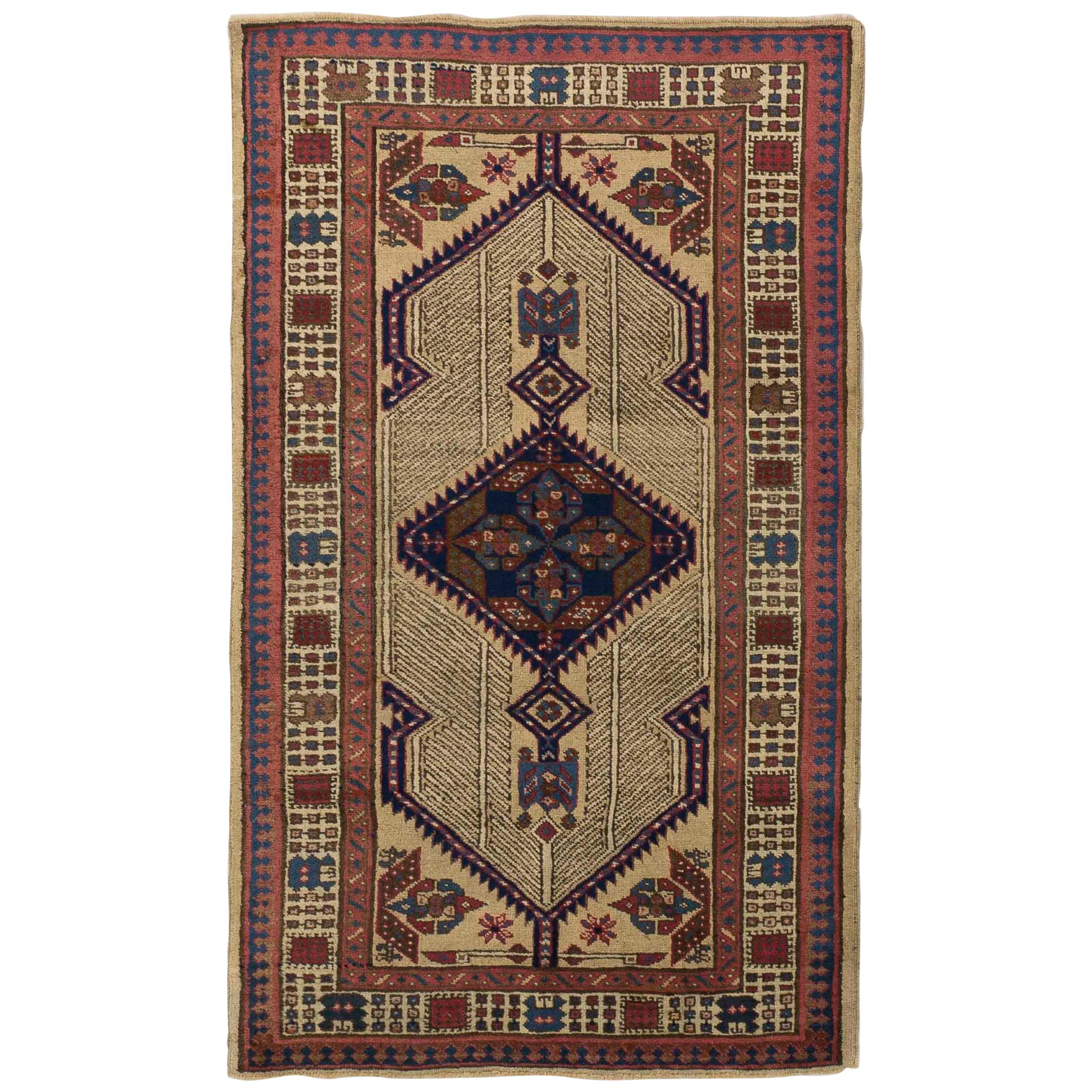 Antique Persian Sarab Rug with Brown and Navy Blue Geometric Patterns For Sale