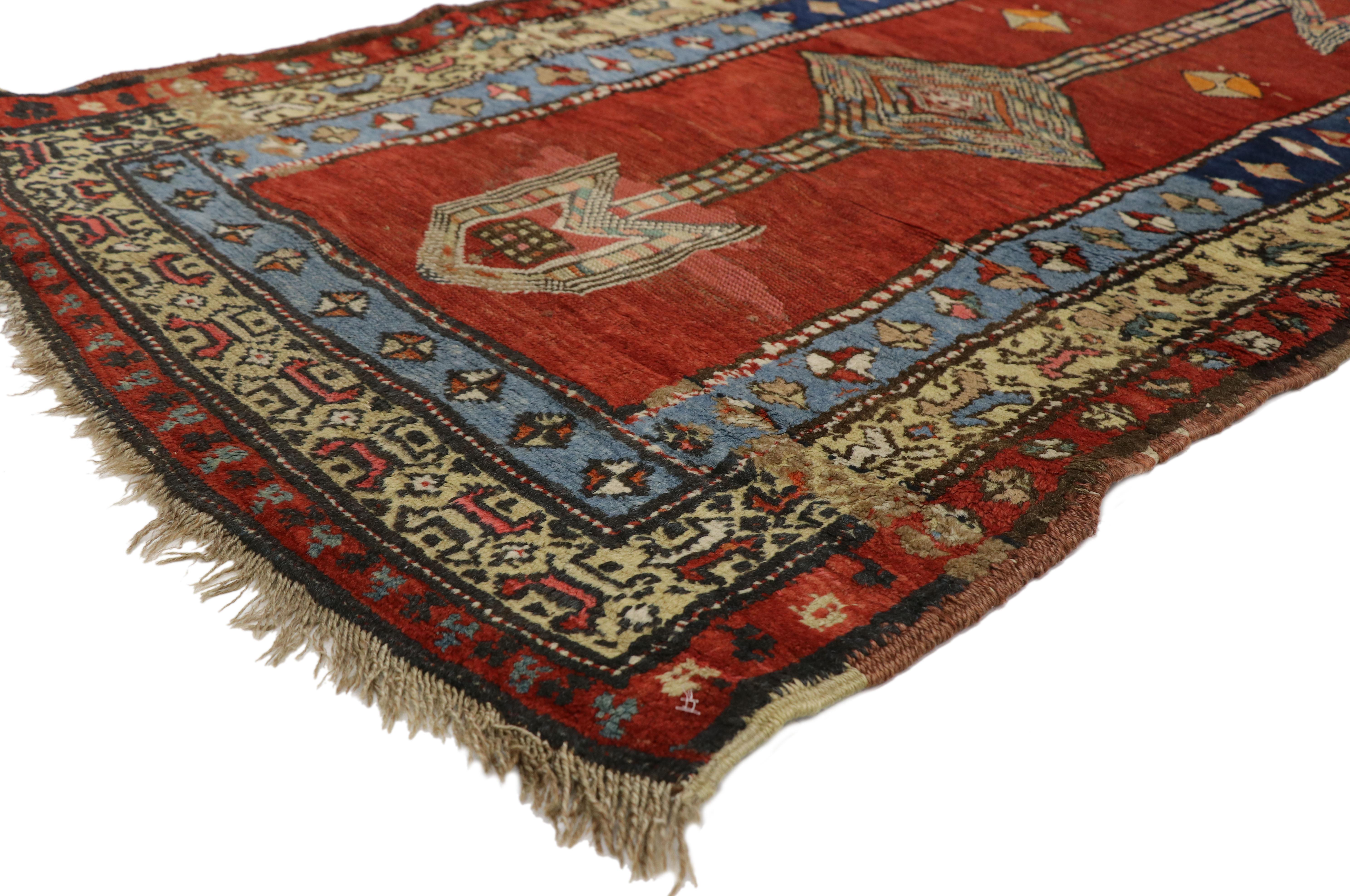 71024 Antique Persian Sarab Runner with Mid-Century Modern Tribal Style. Displaying primitive charm and nomadic tribal style, this hand-knotted wool antique Persian Sarab runner features an angular pole medallion with lozenges and extended anchor