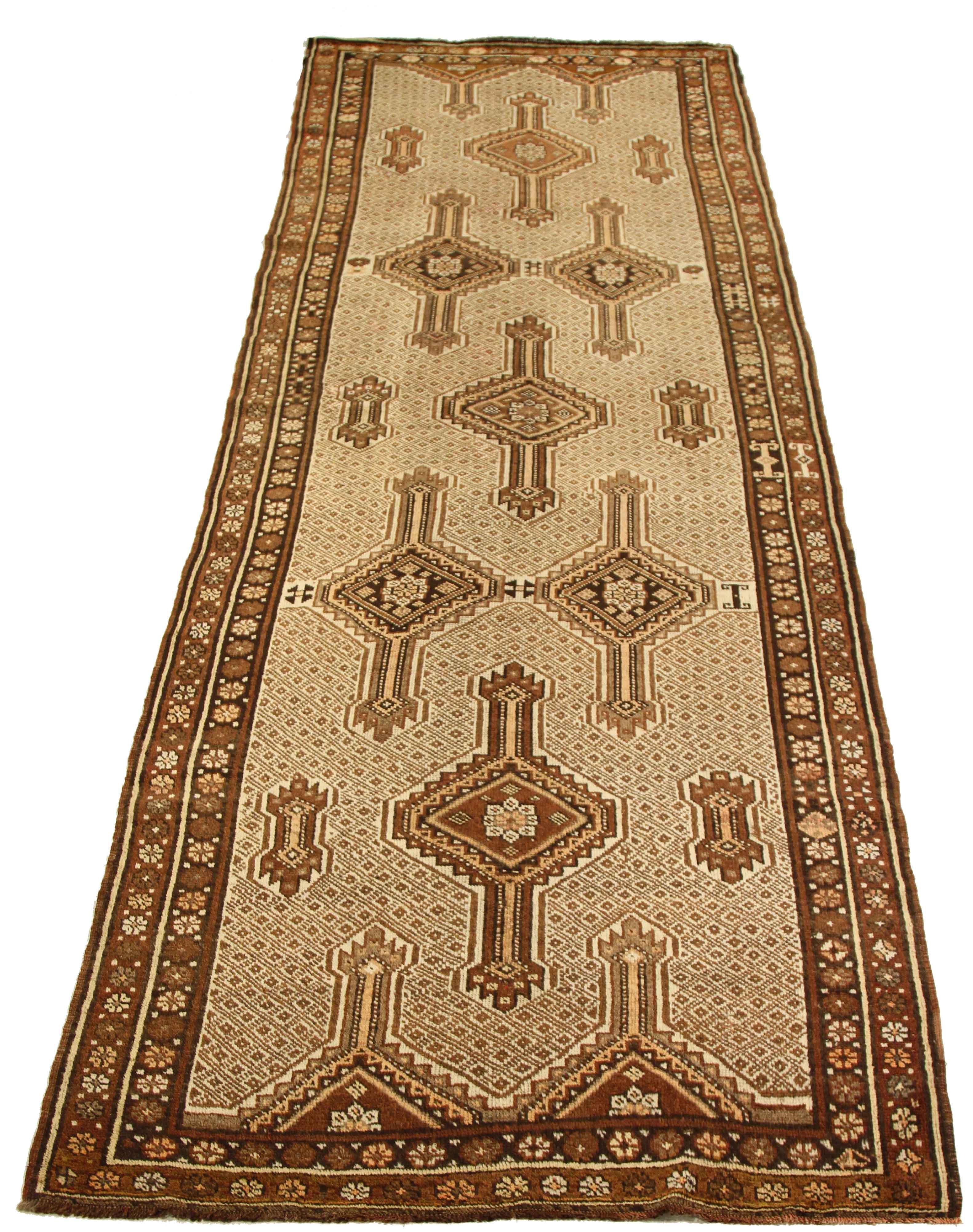 Oushak Antique Persian Sarab Runner Rug with Brown and Beige Geometric Patterns For Sale