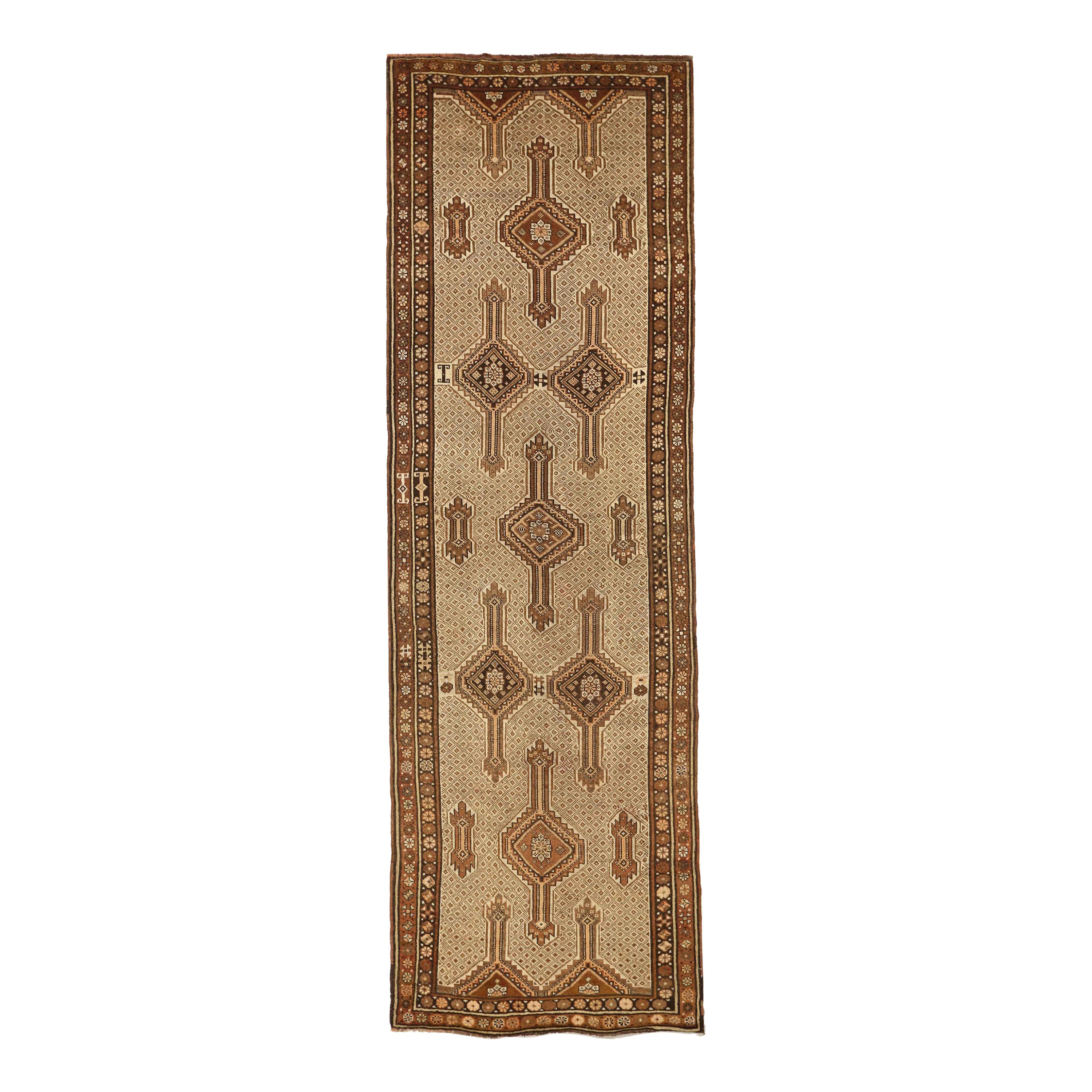 Antique Persian Sarab Runner Rug with Brown and Beige Geometric Patterns For Sale