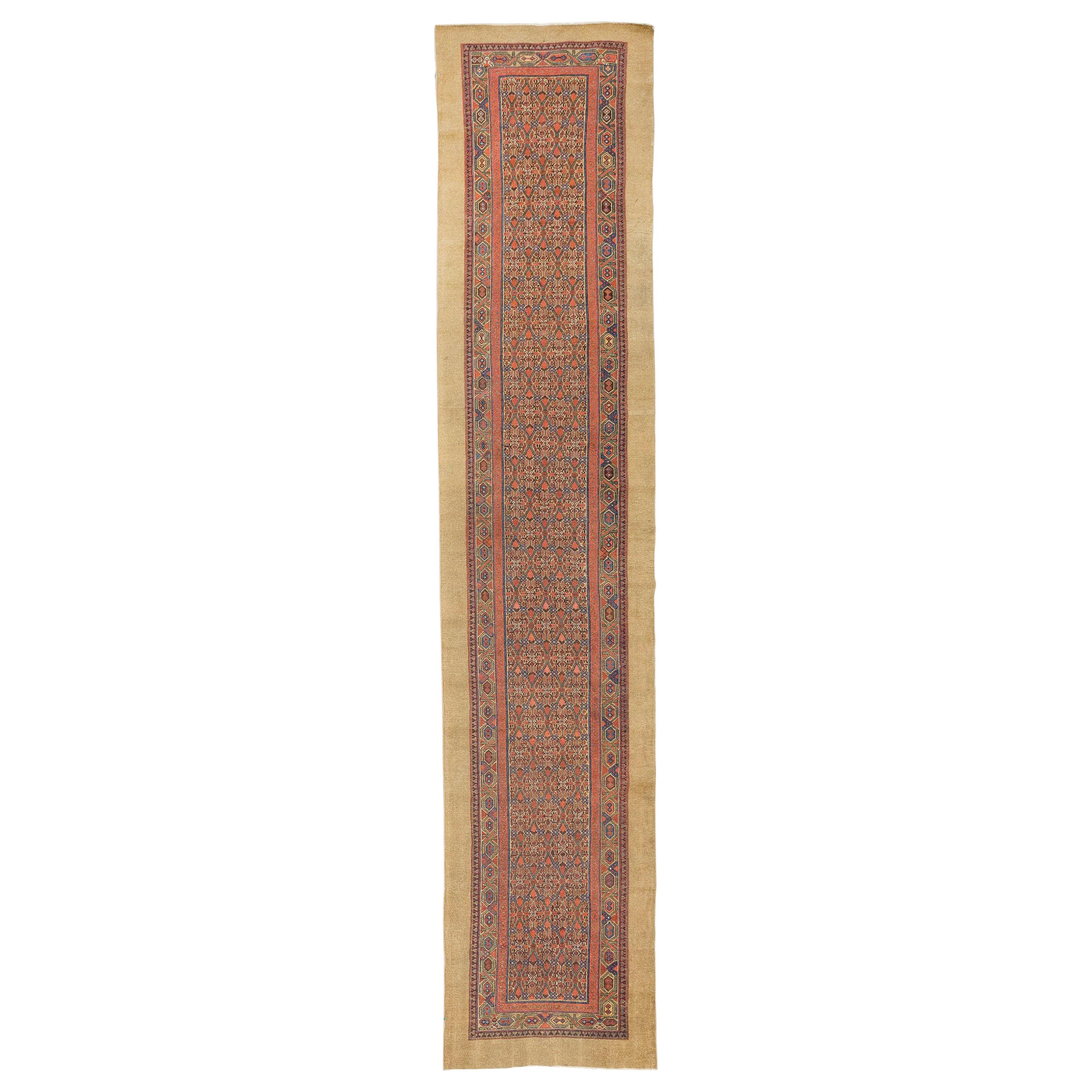 Antique Persian Sarab Runner Rug with Navy and Brown Tribal Details For Sale