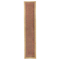 Vintage Persian Sarab Runner Rug with Navy and Brown Tribal Details