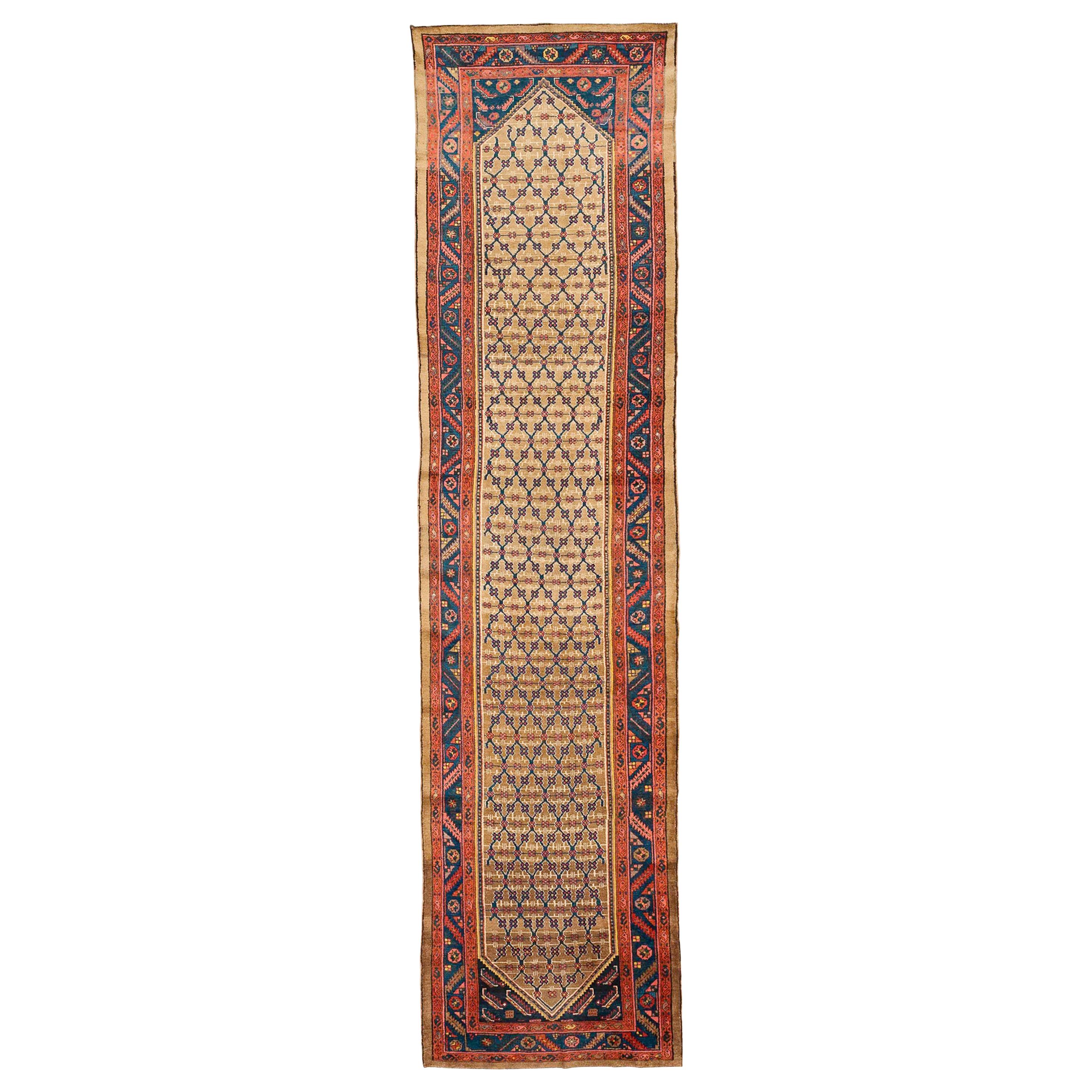 Antique Persian Sarab Runner Rug with Navy and Brown Floral Details For Sale